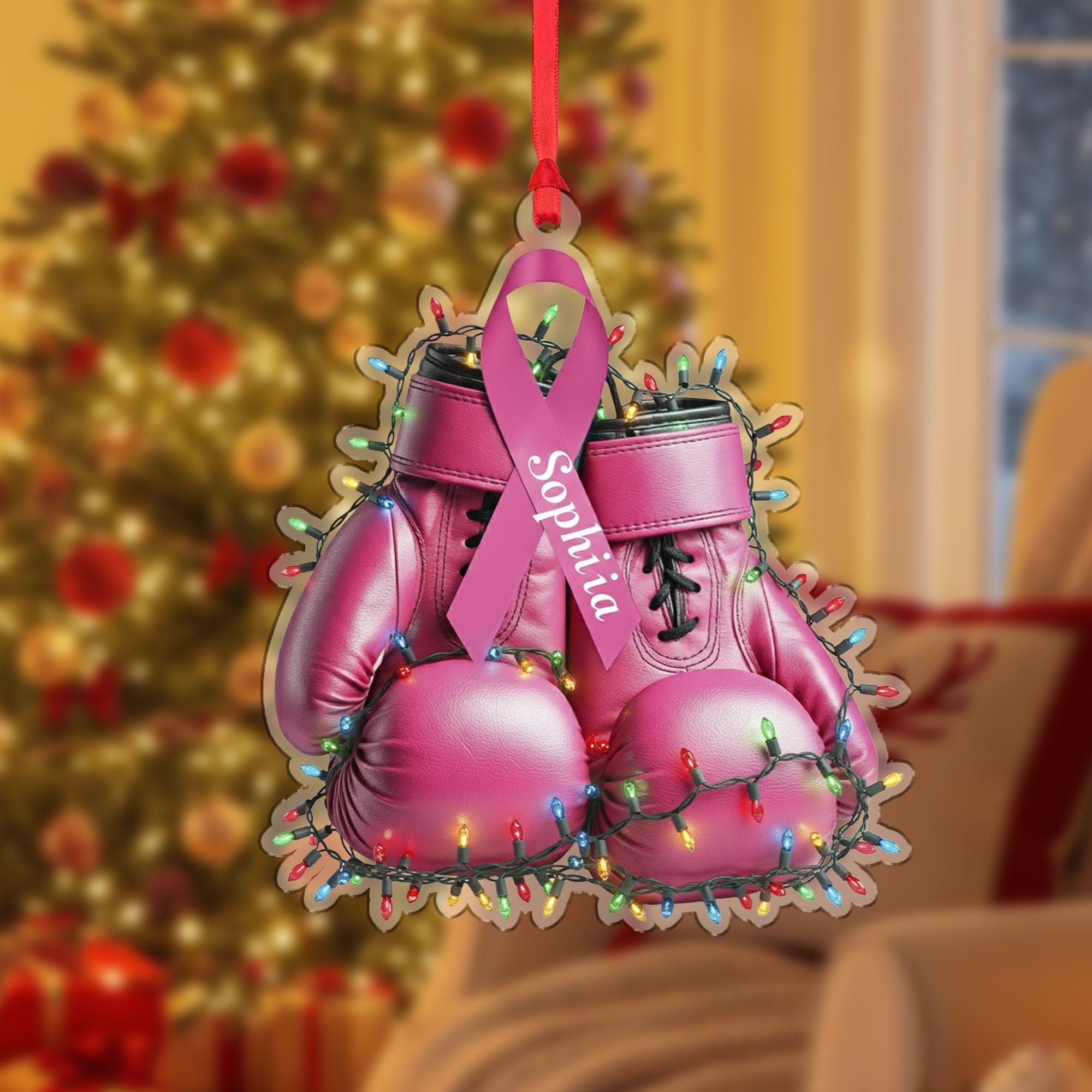 Breast Cancer Ornament – Personalized Pink Boxing Gloves Christmas Decor