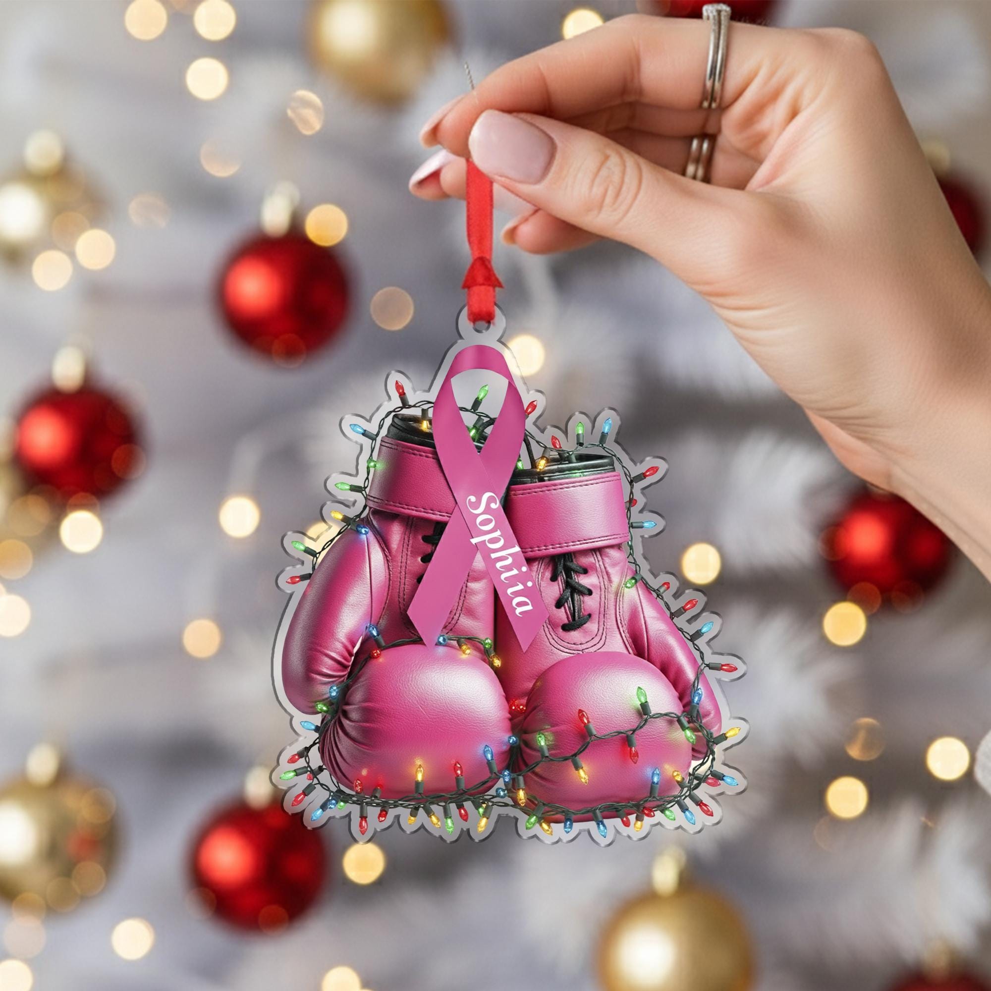 Breast Cancer Ornament – Personalized Pink Boxing Gloves Christmas Decor