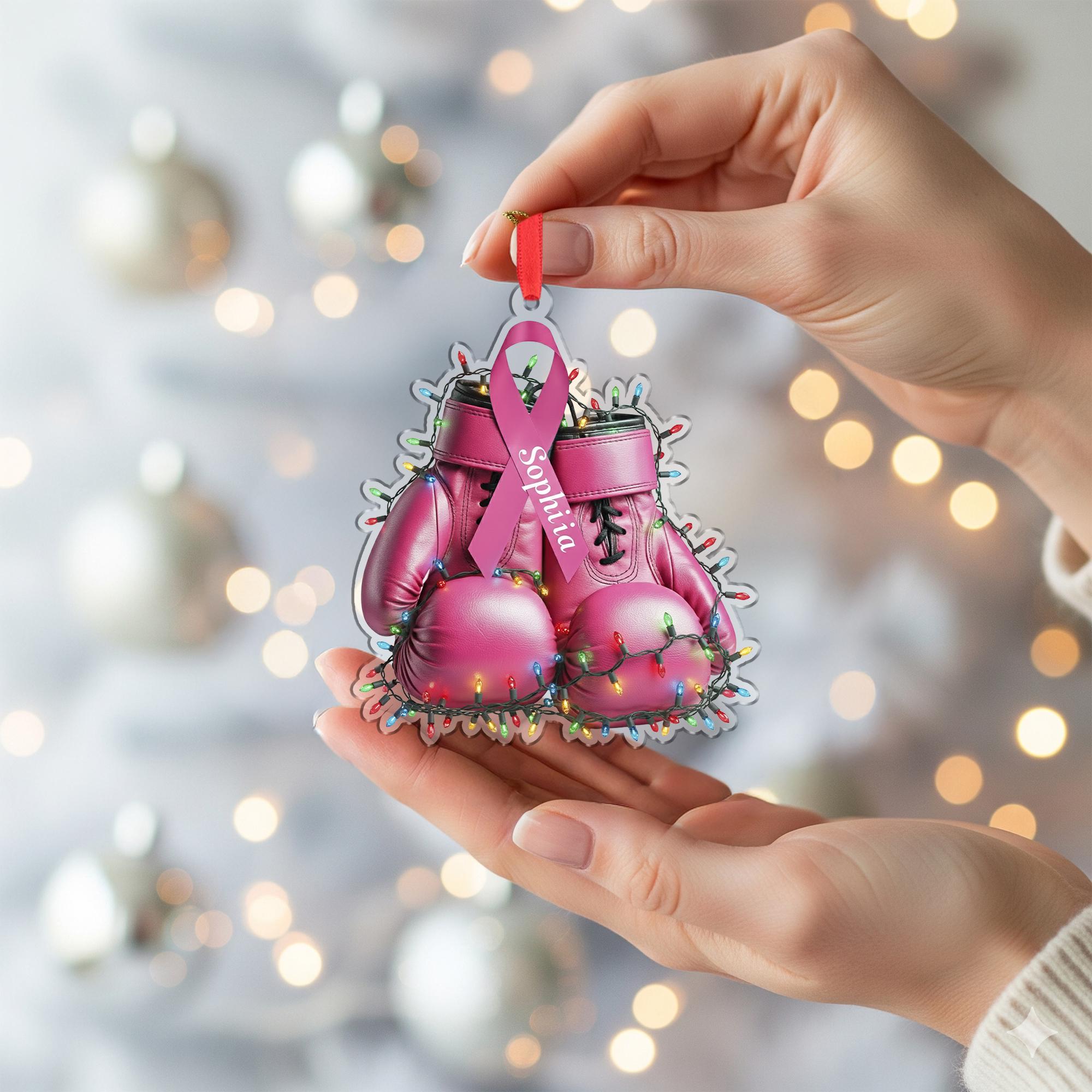 Breast Cancer Ornament – Personalized Pink Boxing Gloves Christmas Decor