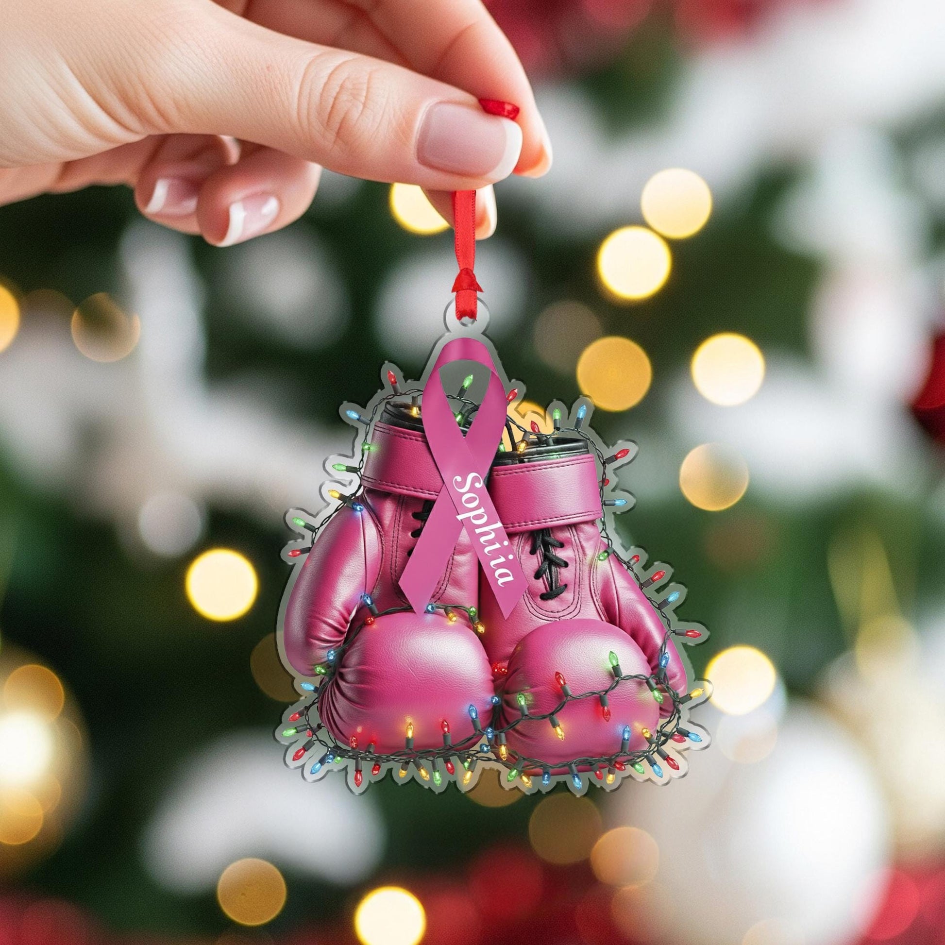 Breast Cancer Ornament – Personalized Pink Boxing Gloves Christmas Decor