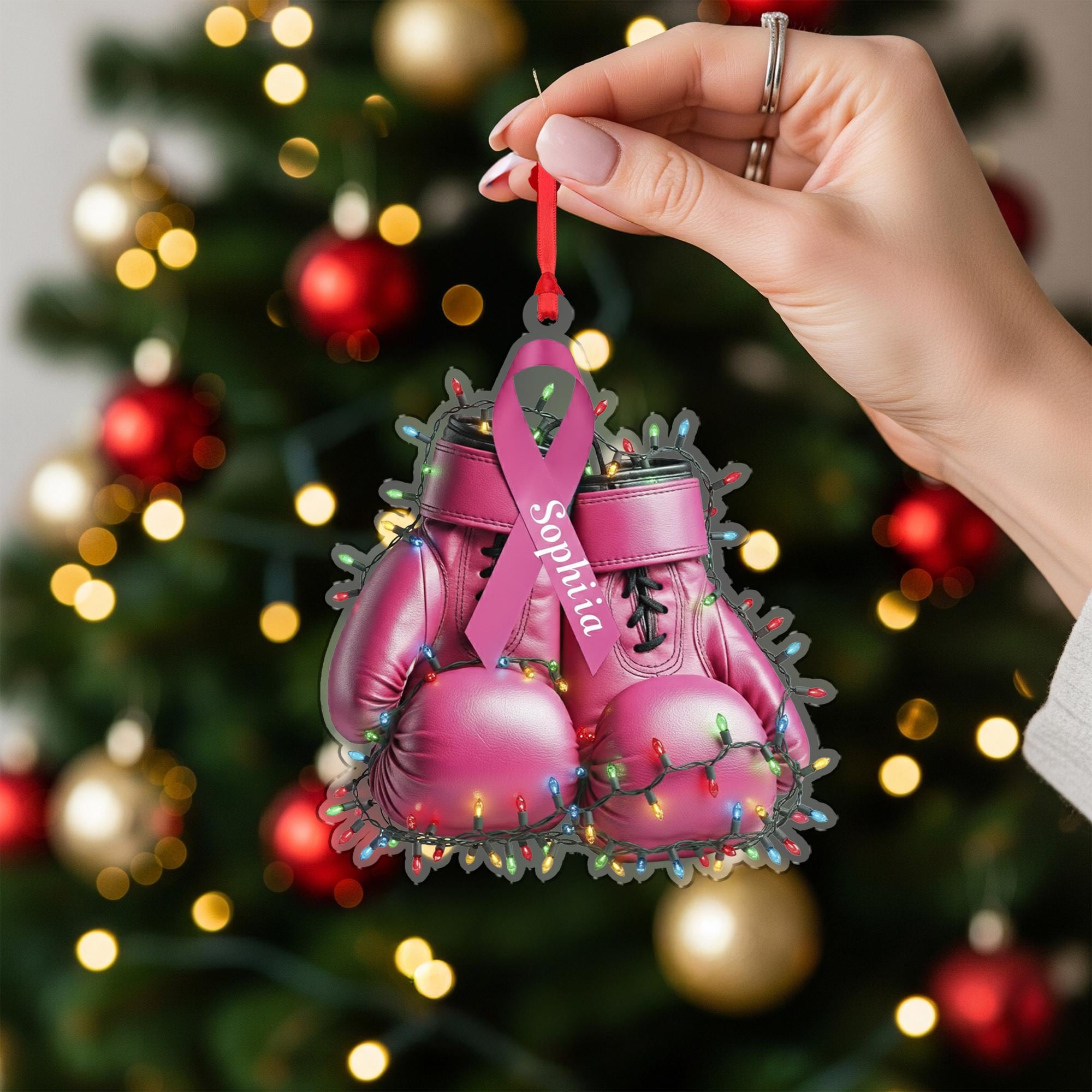 Breast Cancer Ornament – Personalized Pink Boxing Gloves Christmas Decor