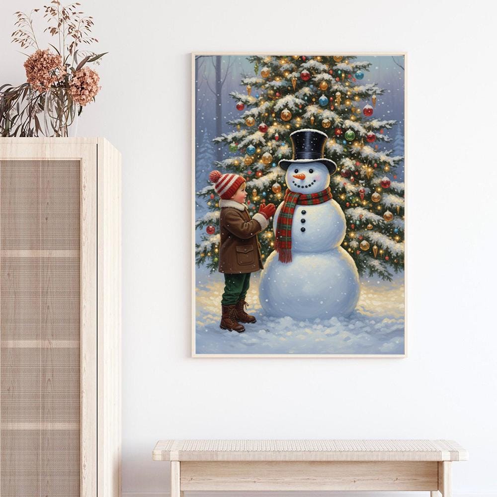 Snowman and Child Christmas Poster: Festive Tree Decor
