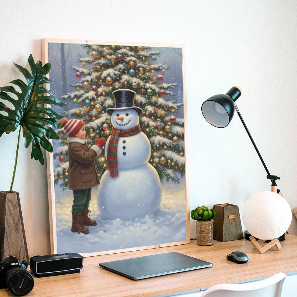 Snowman and Child Christmas Poster: Festive Tree Decor