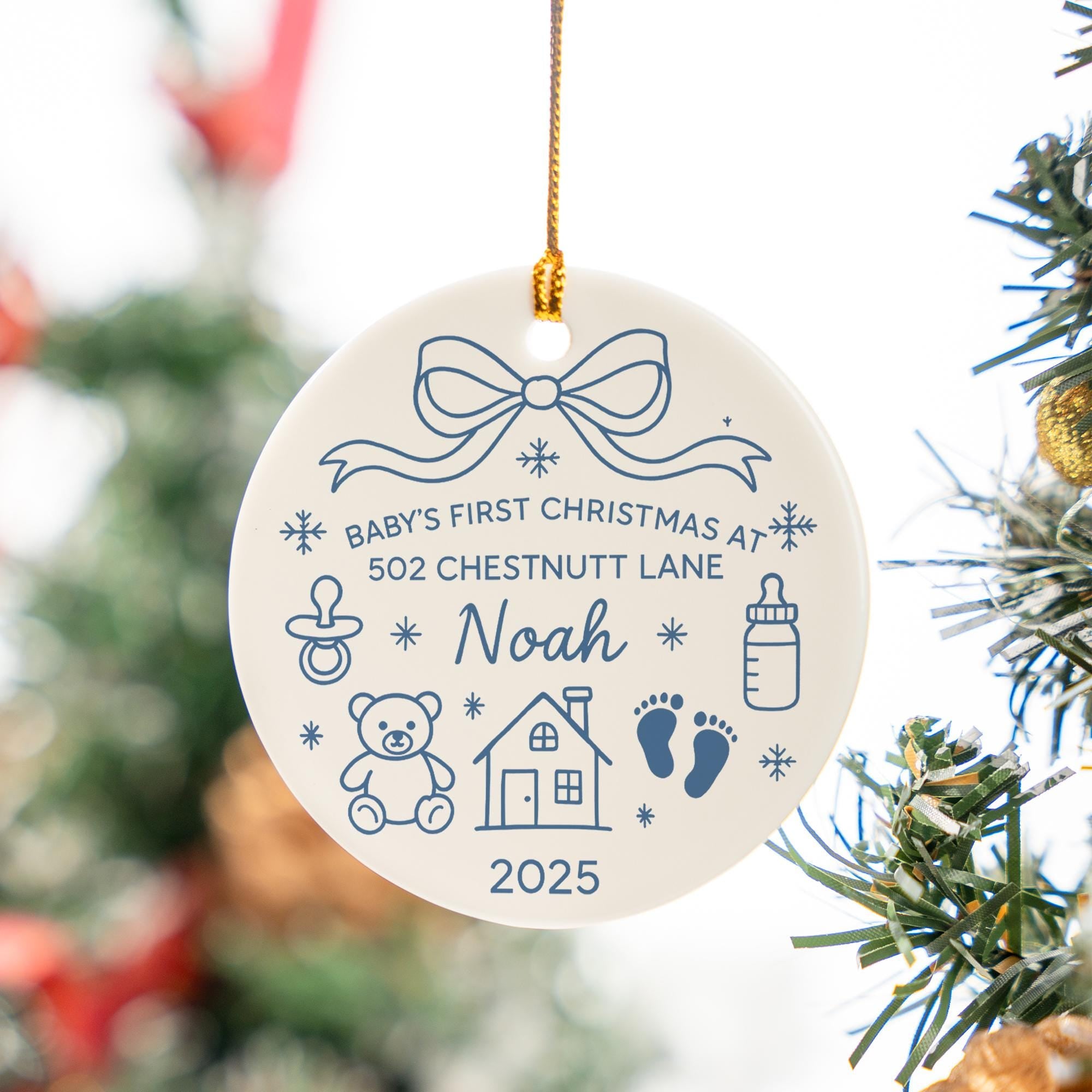 Personalized Family Christmas Ornament: Sea Glass Pine Tree Ceramic Decoration