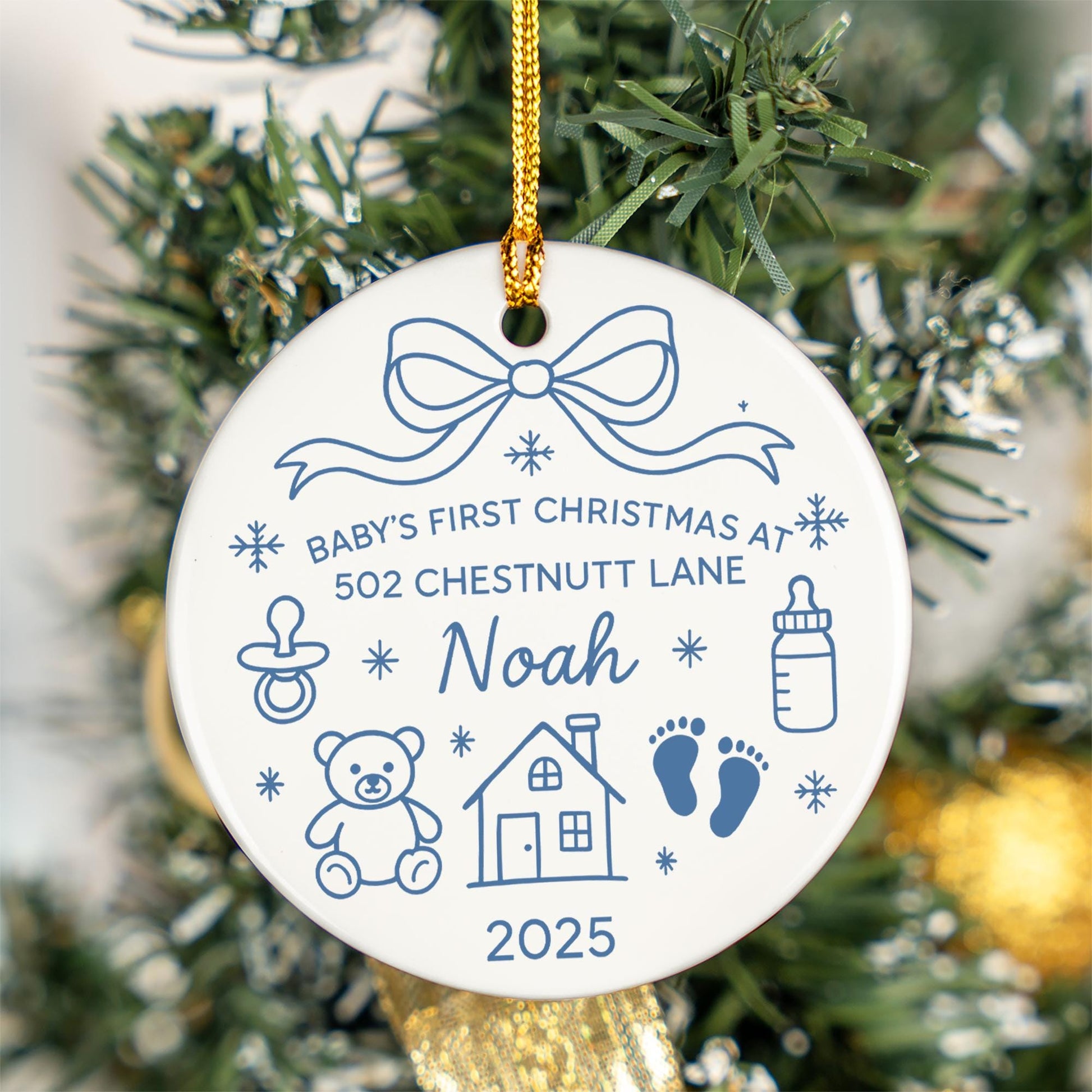 Personalized Family Christmas Ornament: Sea Glass Pine Tree Ceramic Decoration