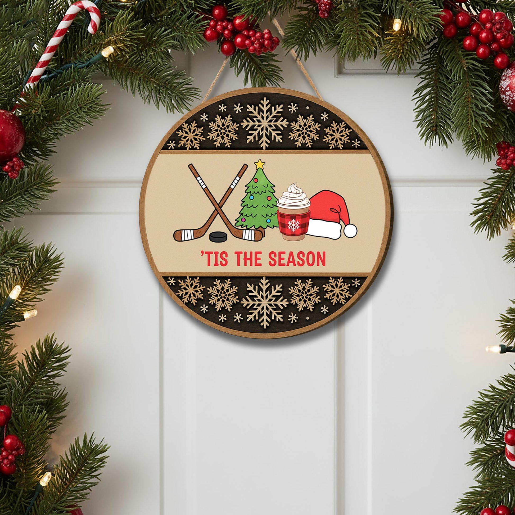 Hockey Christmas Door Sign - Winter Sports Holiday Decor
