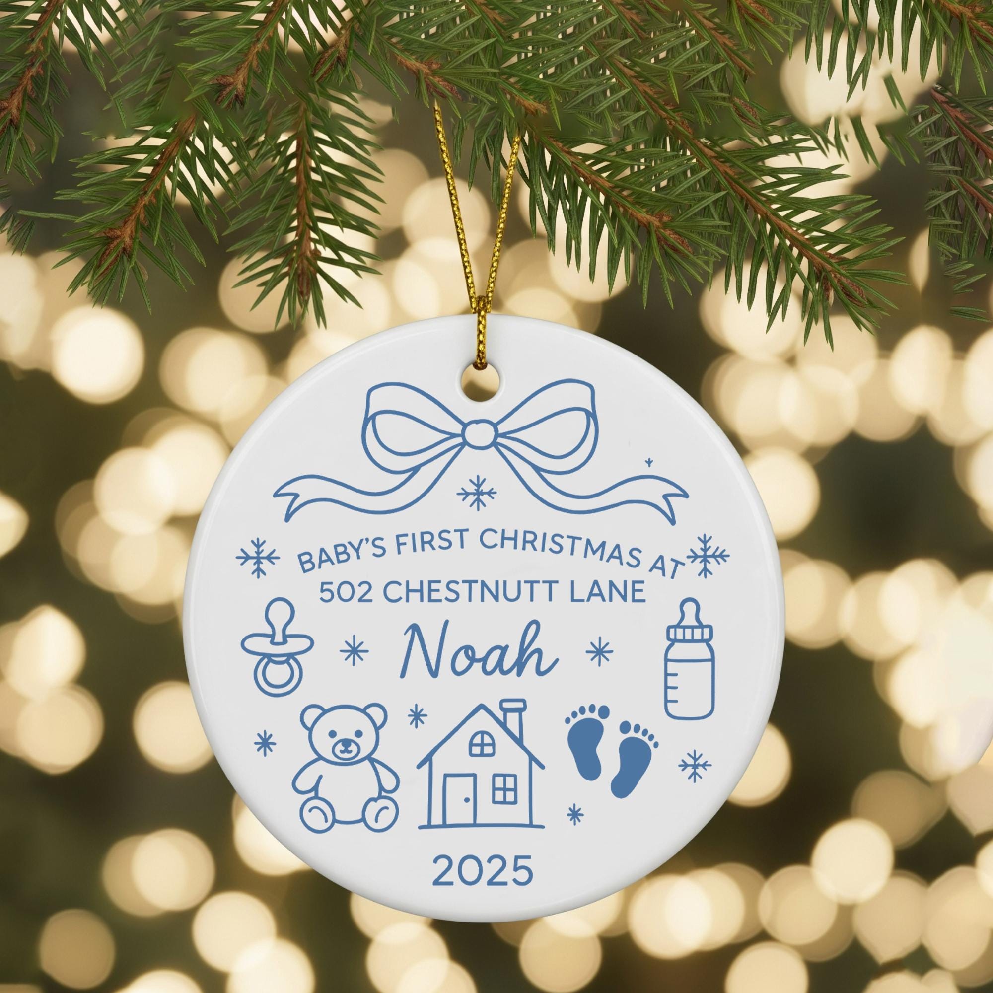 Personalized Family Christmas Ornament: Sea Glass Pine Tree Ceramic Decoration