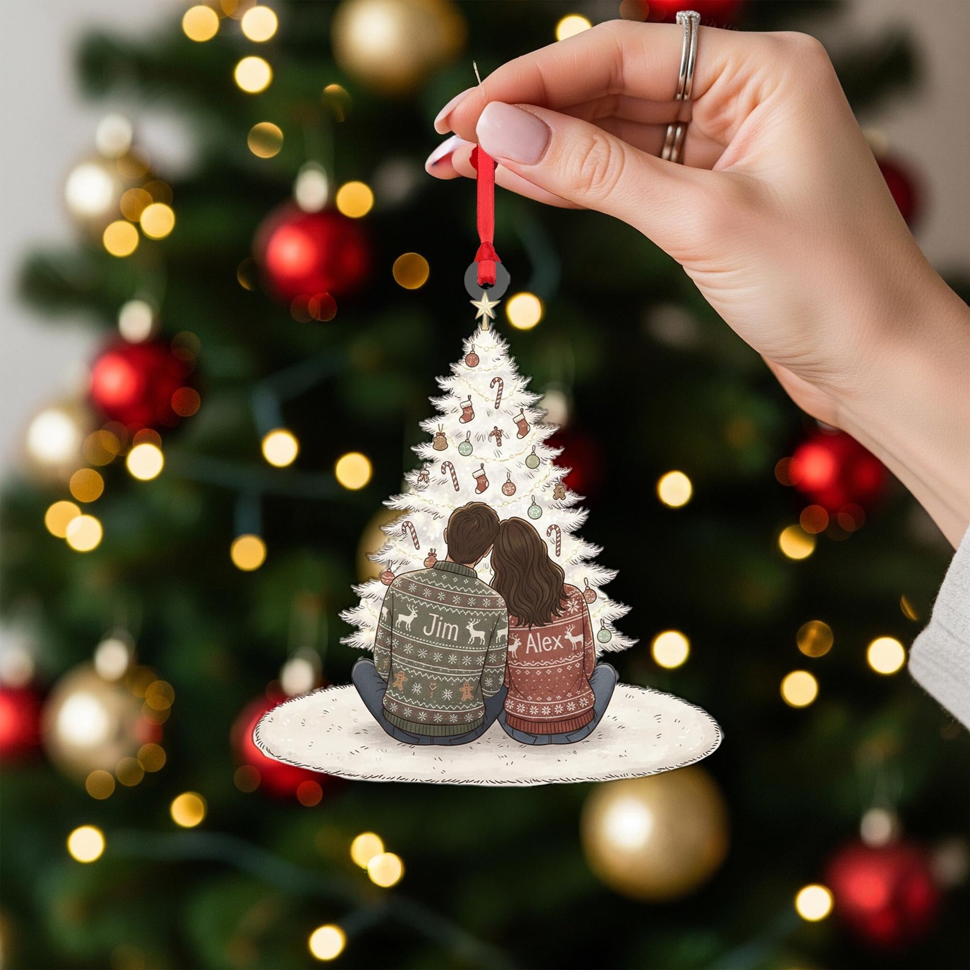 Personalized Couple Ornament: Christmas Tree Decoration with Names and Holiday Sweaters