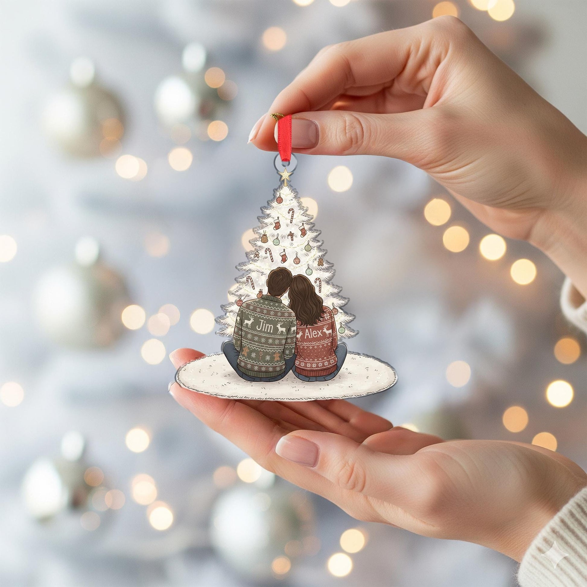Personalized Couple Ornament: Christmas Tree Decoration with Names and Holiday Sweaters