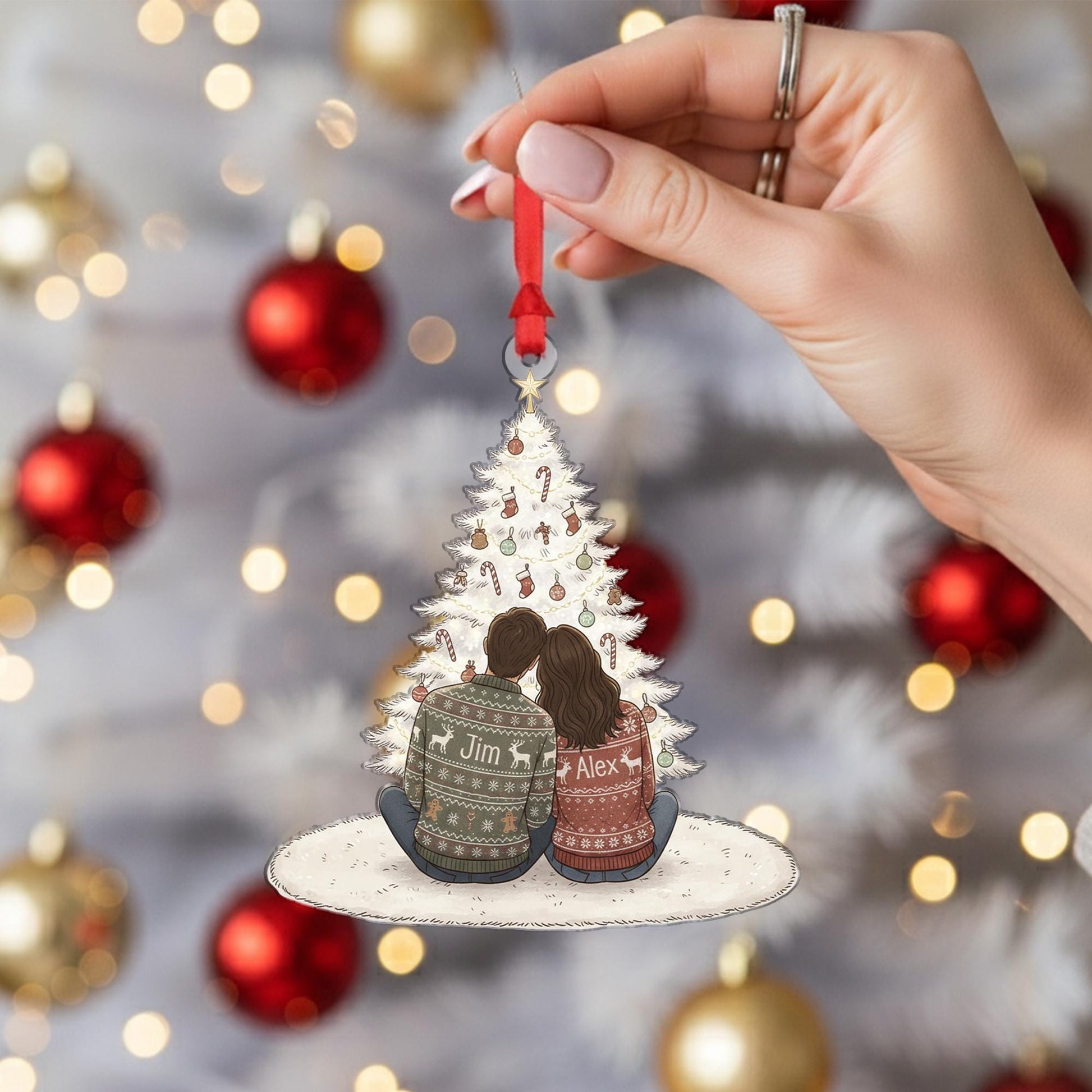 Personalized Couple Ornament: Christmas Tree Decoration with Names and Holiday Sweaters