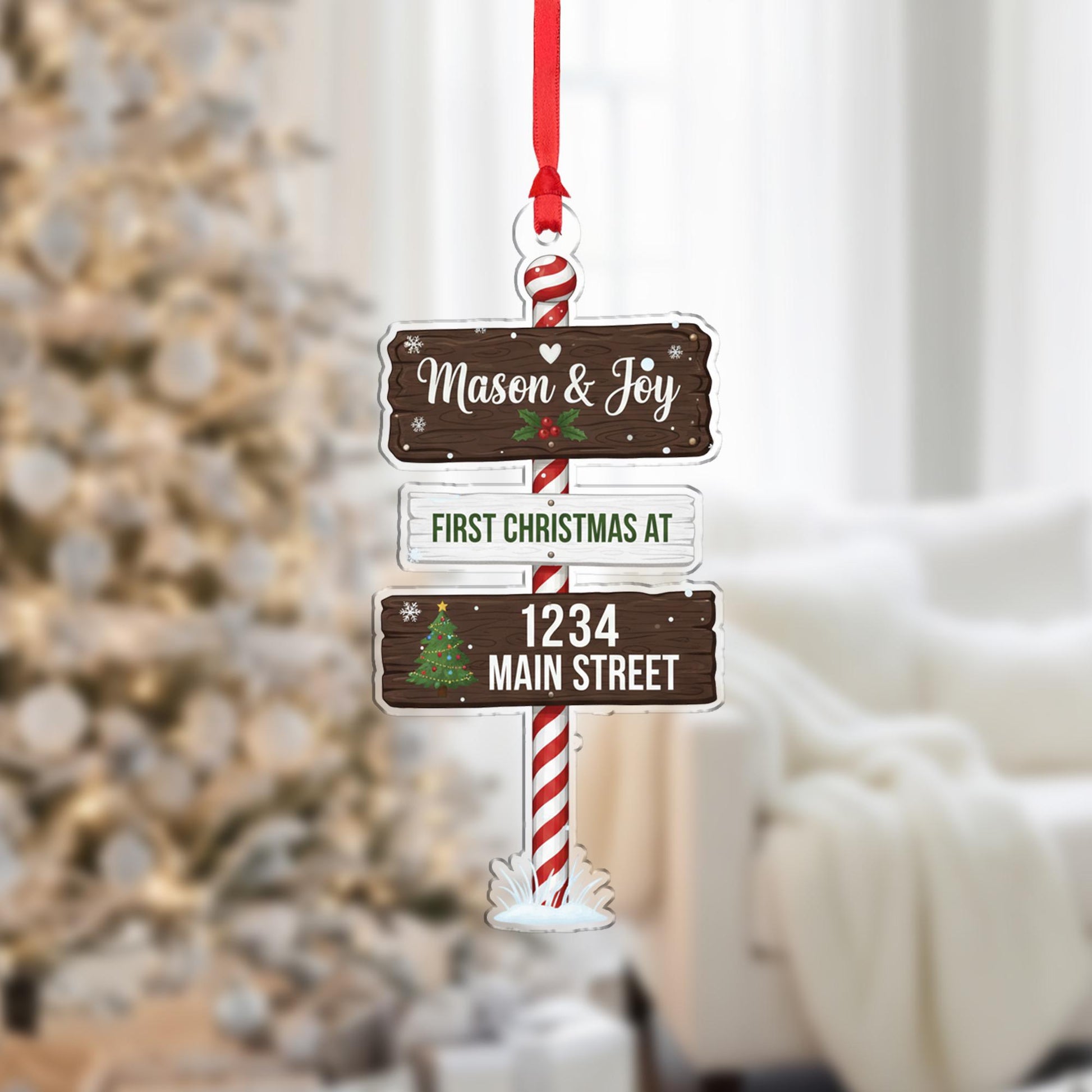 Personalized Address Ornament: First Christmas Tree Decoration with Custom Names and Street Sign