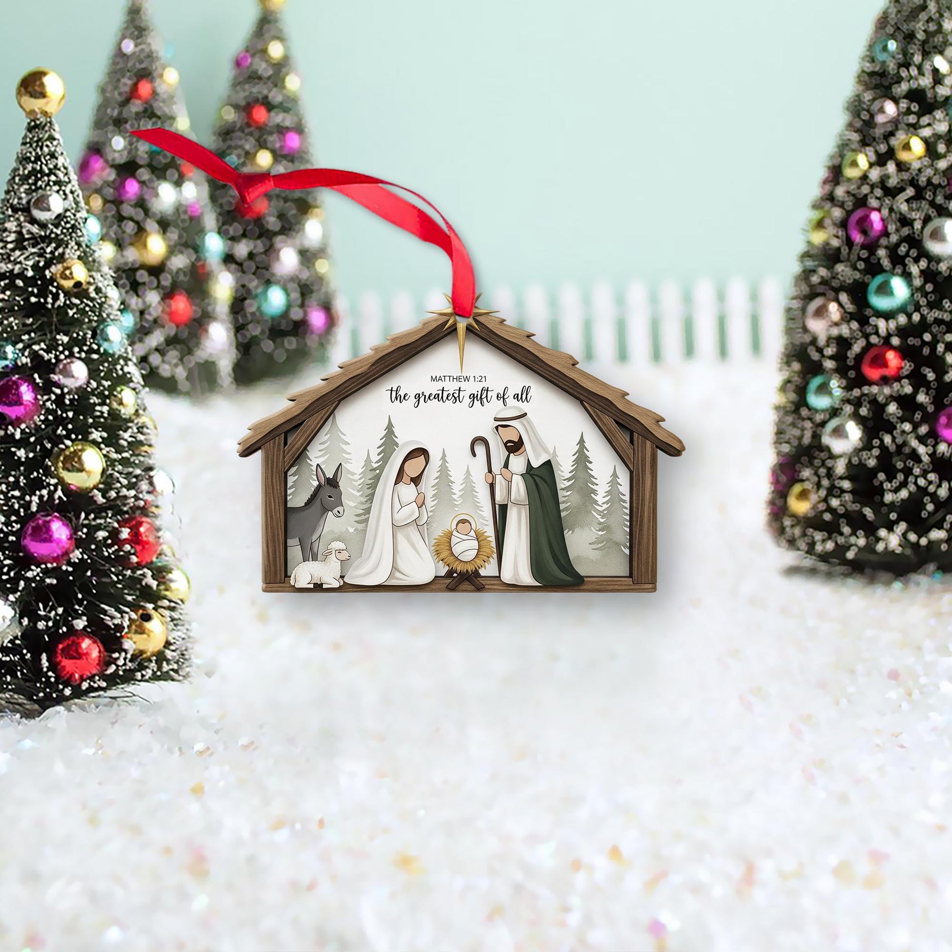 Christian Holiday Decor with Bible Verse - Nativity Holy Family Christmas Ornament