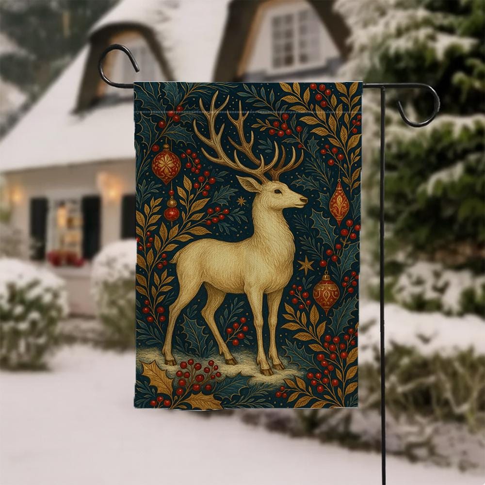 Reindeer Garden Flag – Christmas Outdoor Decor with Antlers, Ornaments and Holly