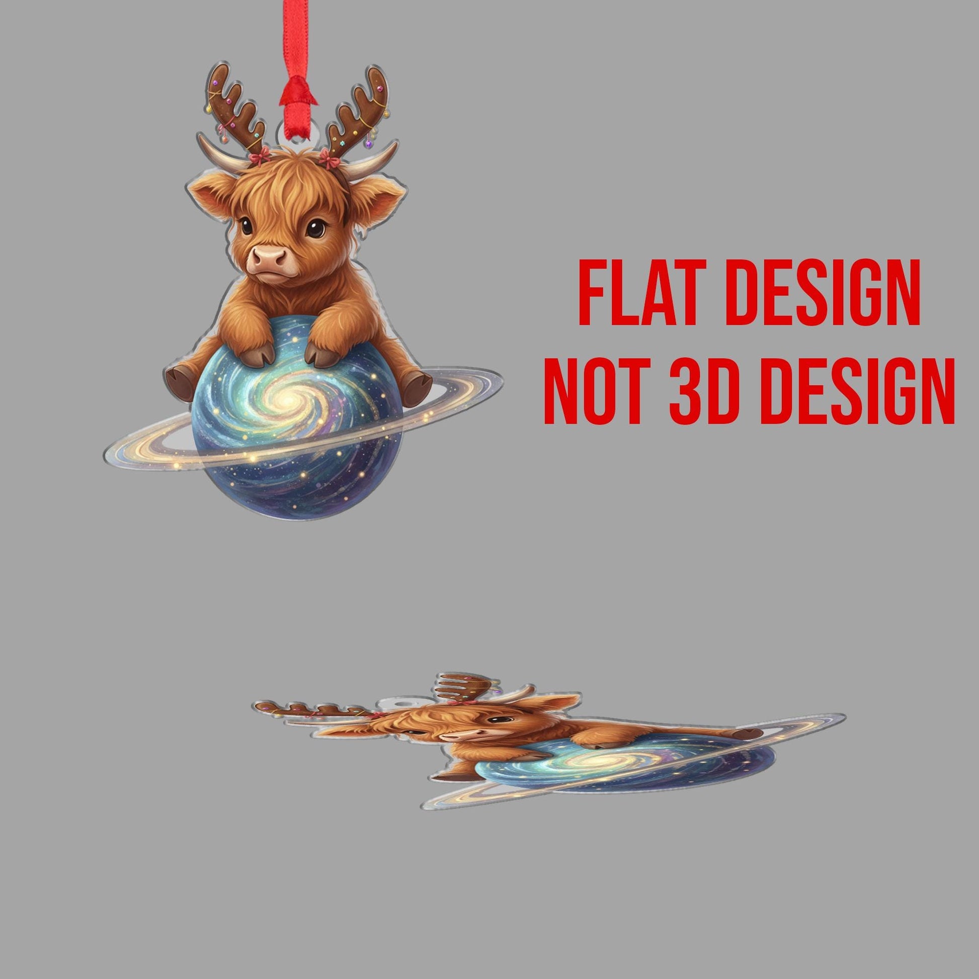 Highland Cow Ornament: Christmas Tree Decoration with Antlers and Galaxy Planet