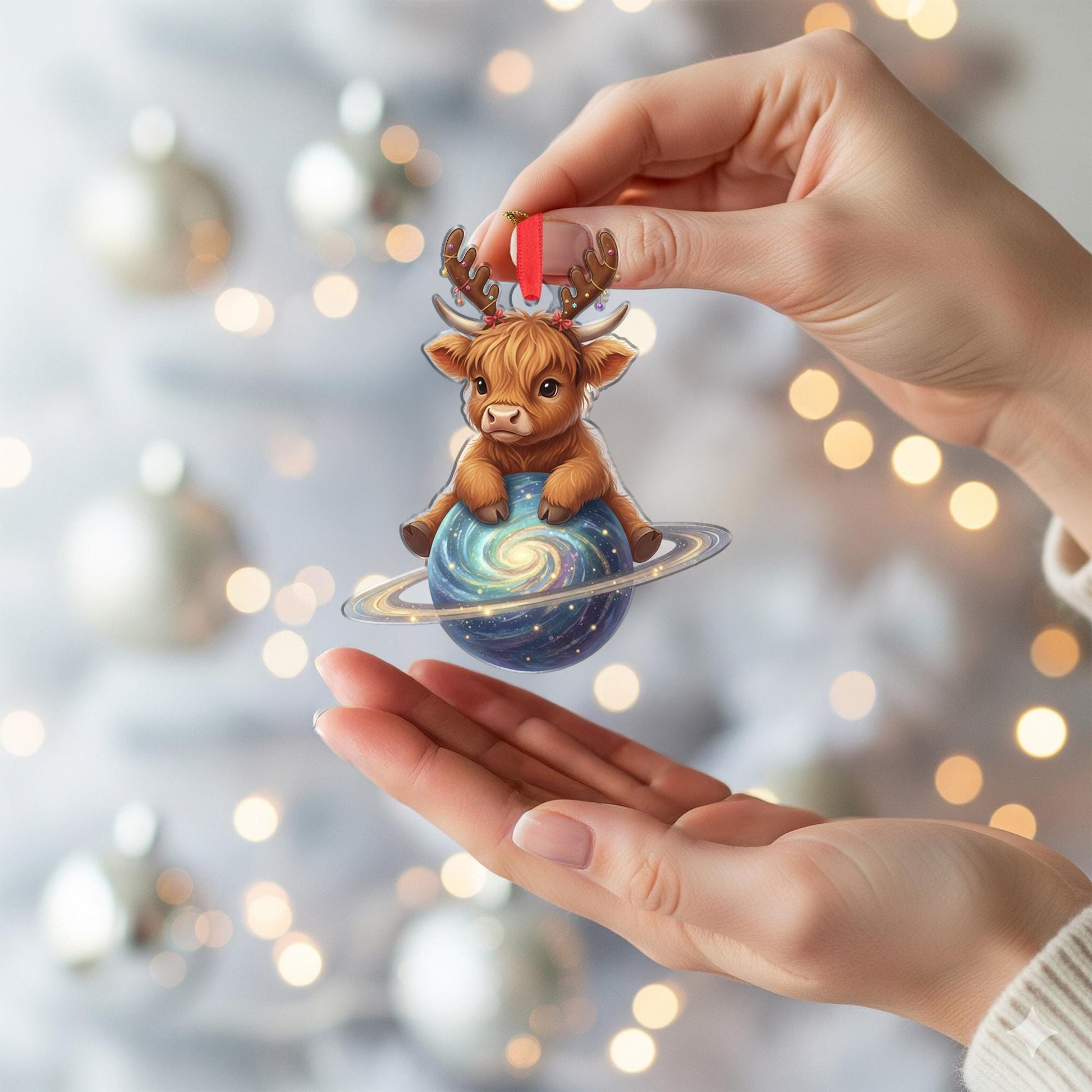 Highland Cow Ornament: Christmas Tree Decoration with Antlers and Galaxy Planet