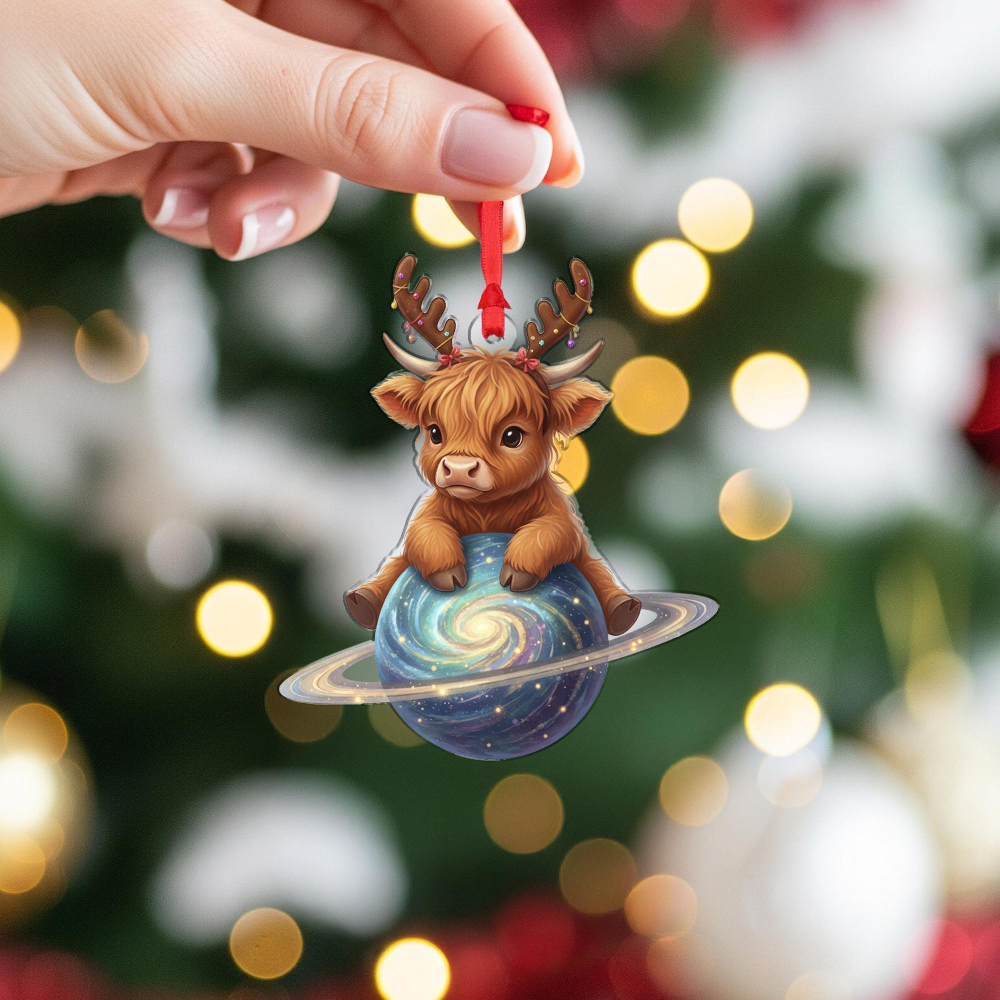 Highland Cow Ornament: Christmas Tree Decoration with Antlers and Galaxy Planet