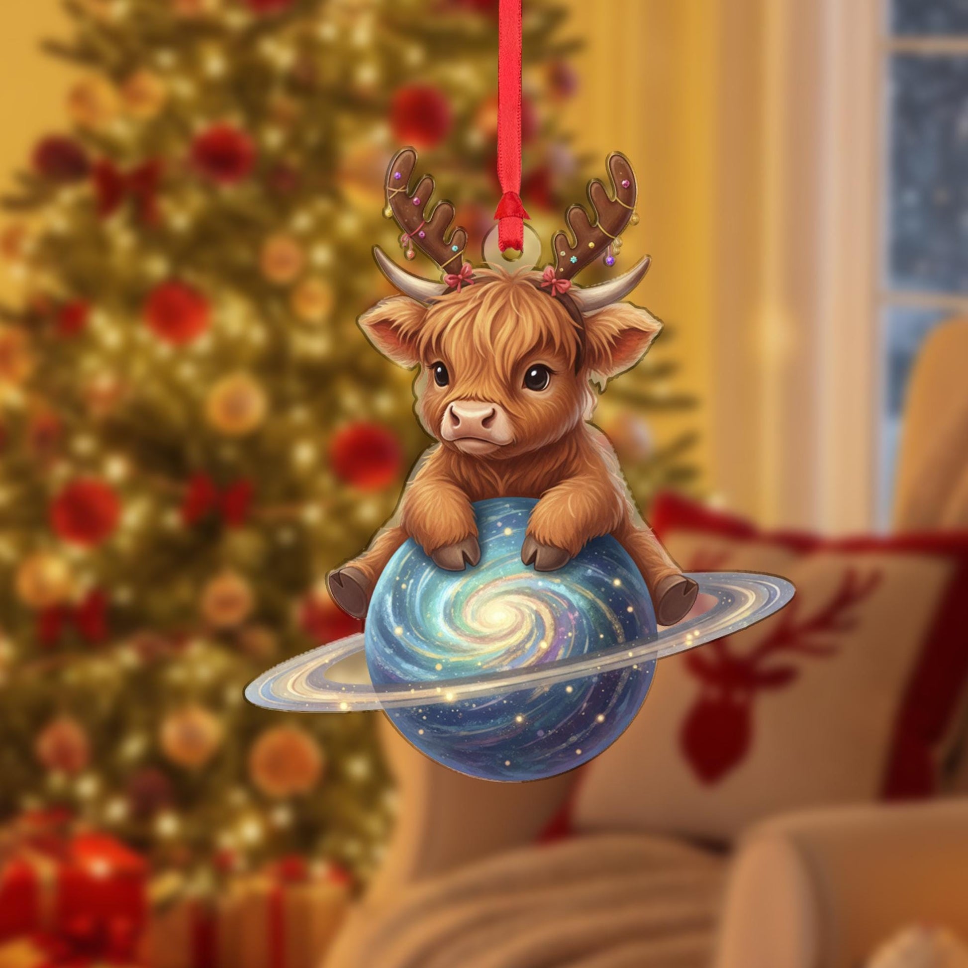 Highland Cow Ornament: Christmas Tree Decoration with Antlers and Galaxy Planet