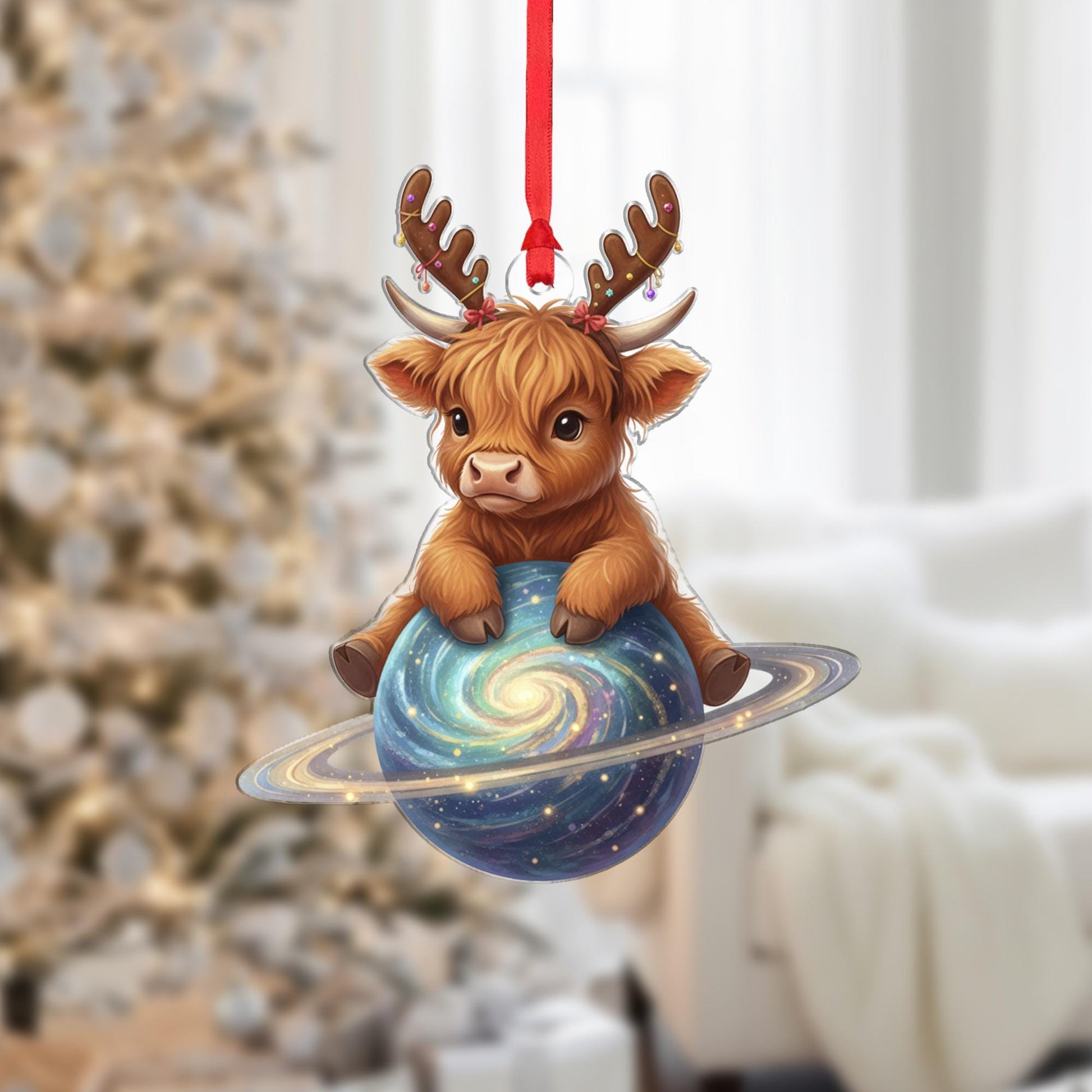Highland Cow Ornament: Christmas Tree Decoration with Antlers and Galaxy Planet