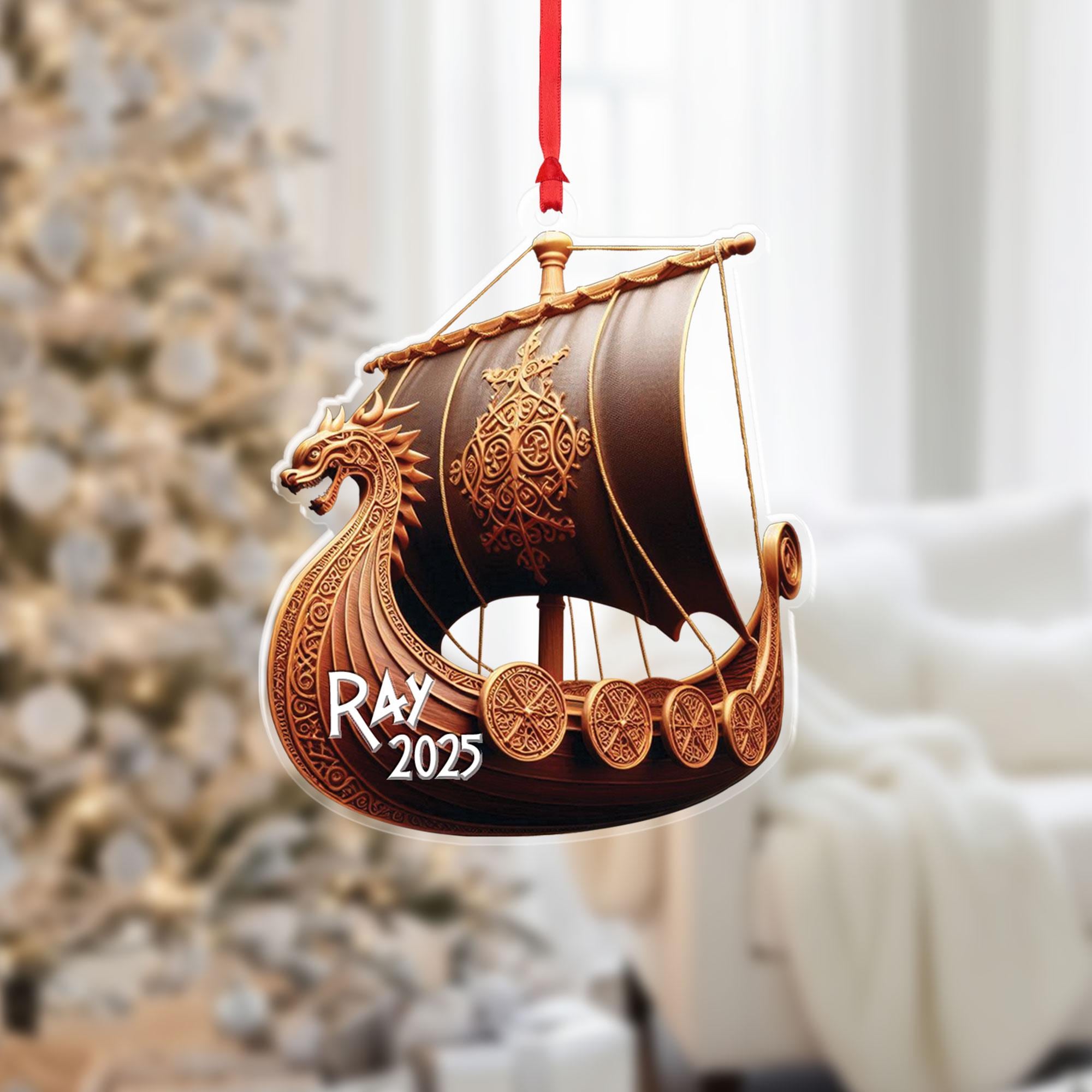 Custom name Viking longboat Ornament, Viking ornament, Christmas Viking gift, Viking husband gift, Flat 2D ornament NOT 3D, Viking boat