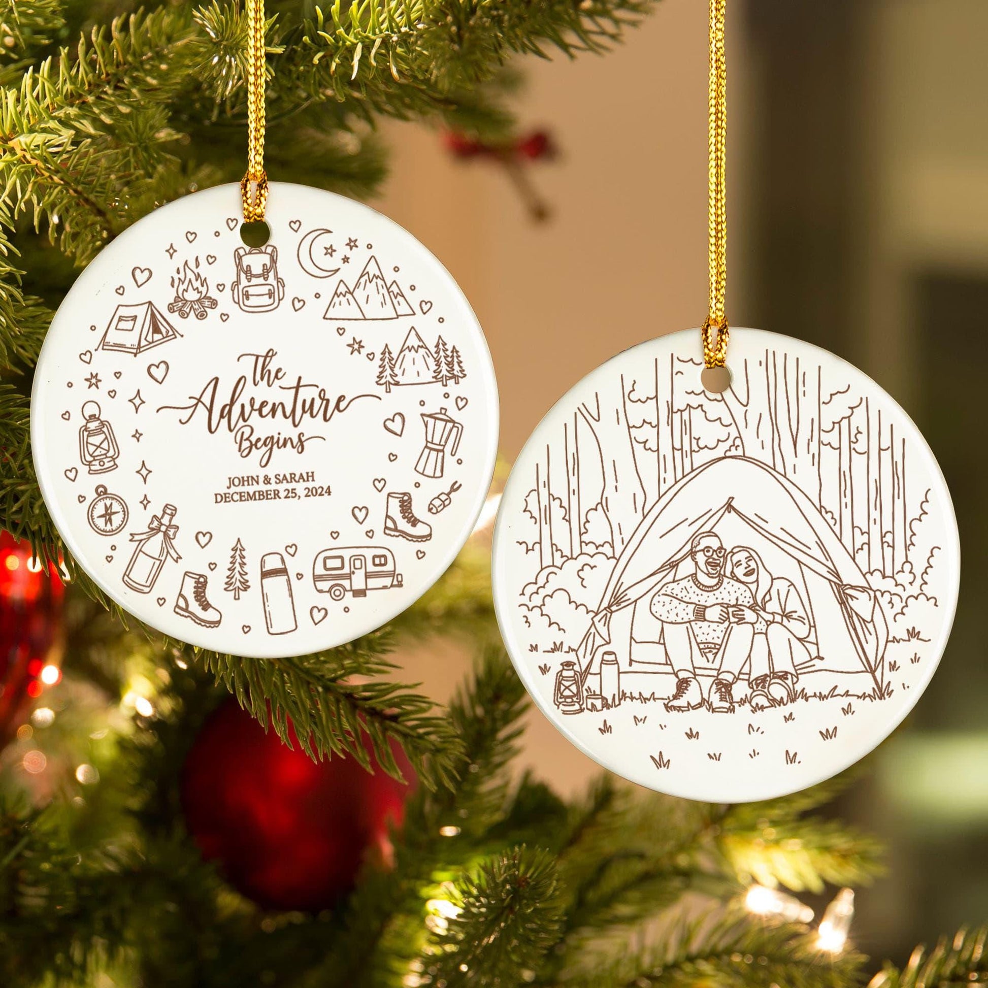 Personalized Camping Photo Ornament: Adventure Begins Christmas Tree Decoration
