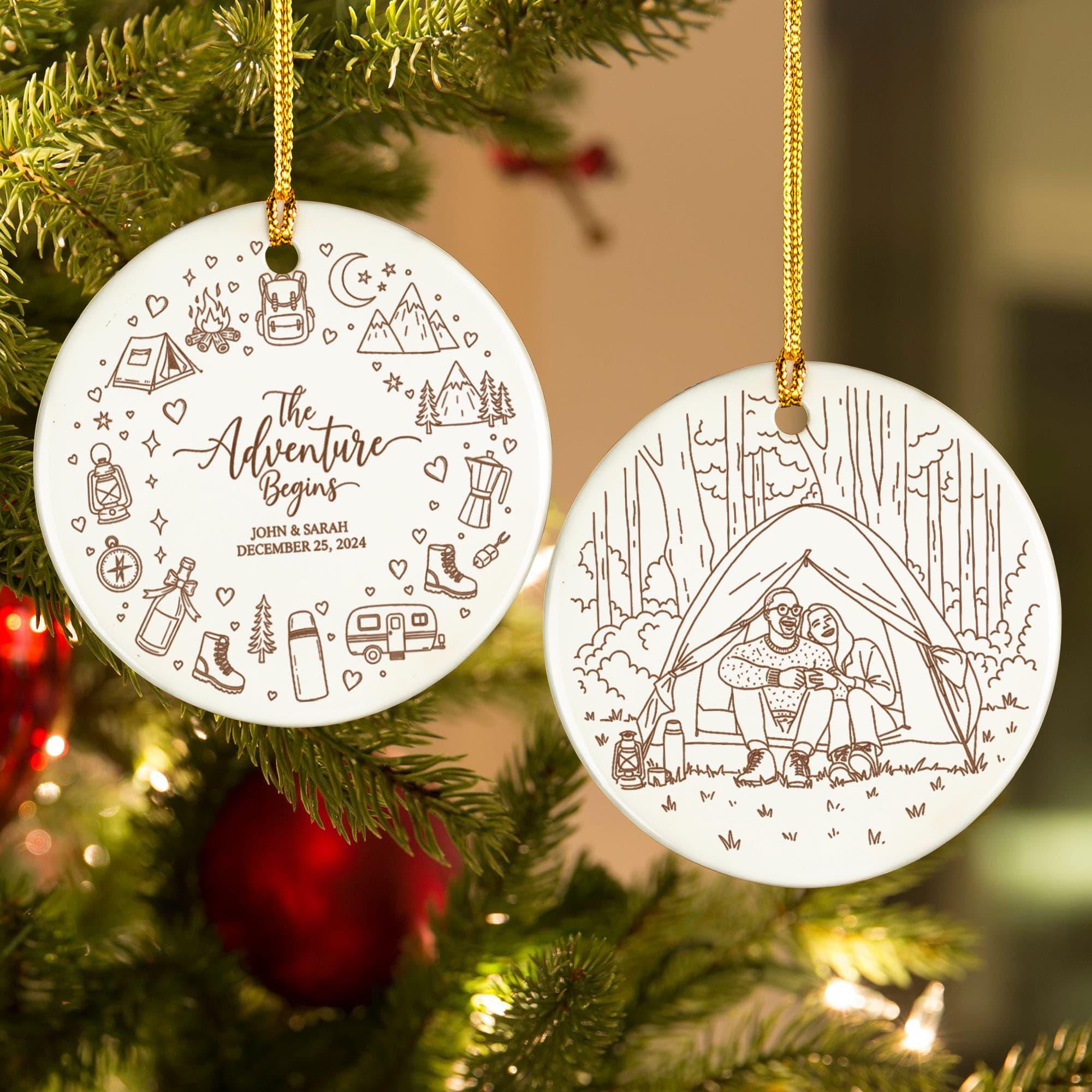 Personalized Camping Photo Ornament: Adventure Begins Christmas Tree Decoration