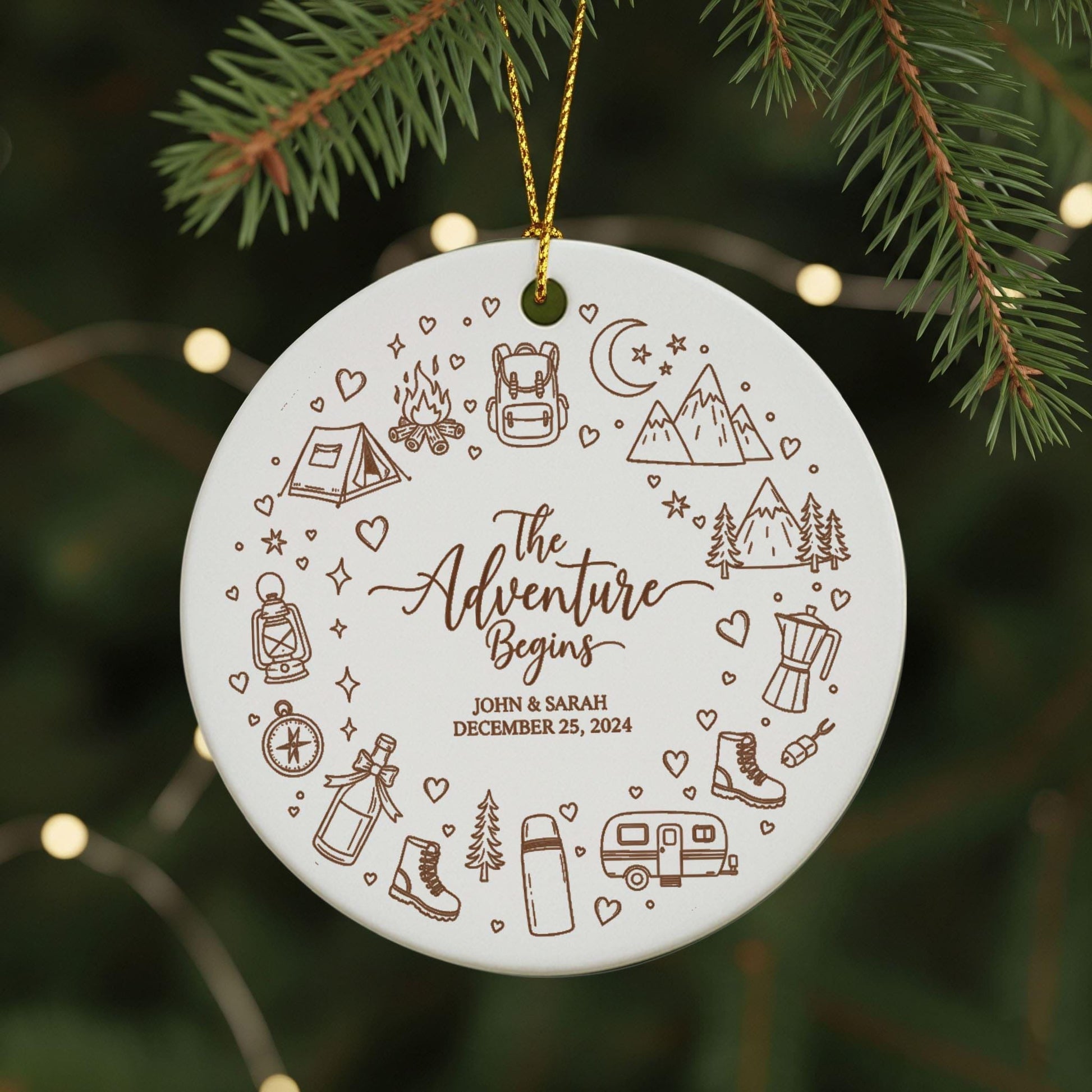 Personalized Camping Photo Ornament: Adventure Begins Christmas Tree Decoration