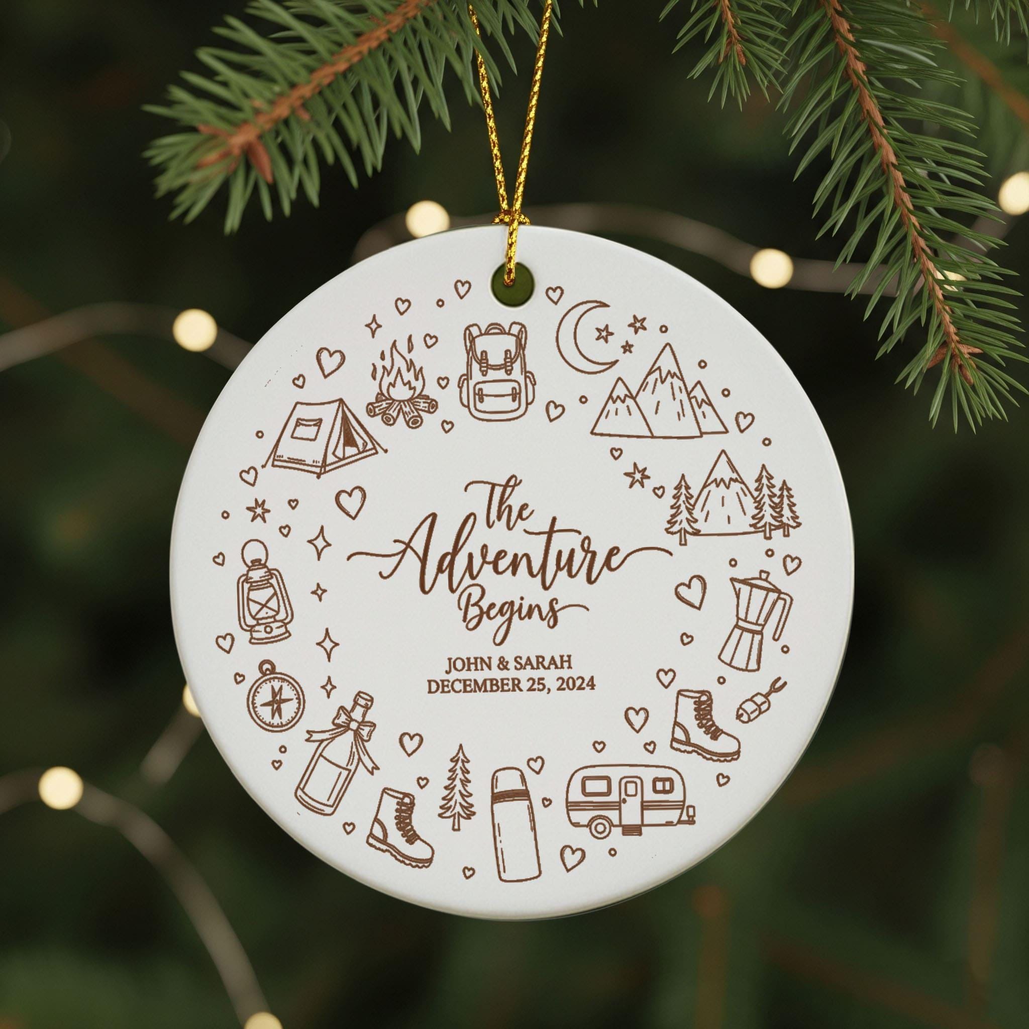 Personalized Camping Photo Ornament: Adventure Begins Christmas Tree Decoration
