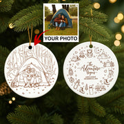 Personalized Camping Photo Ornament: Adventure Begins Christmas Tree Decoration