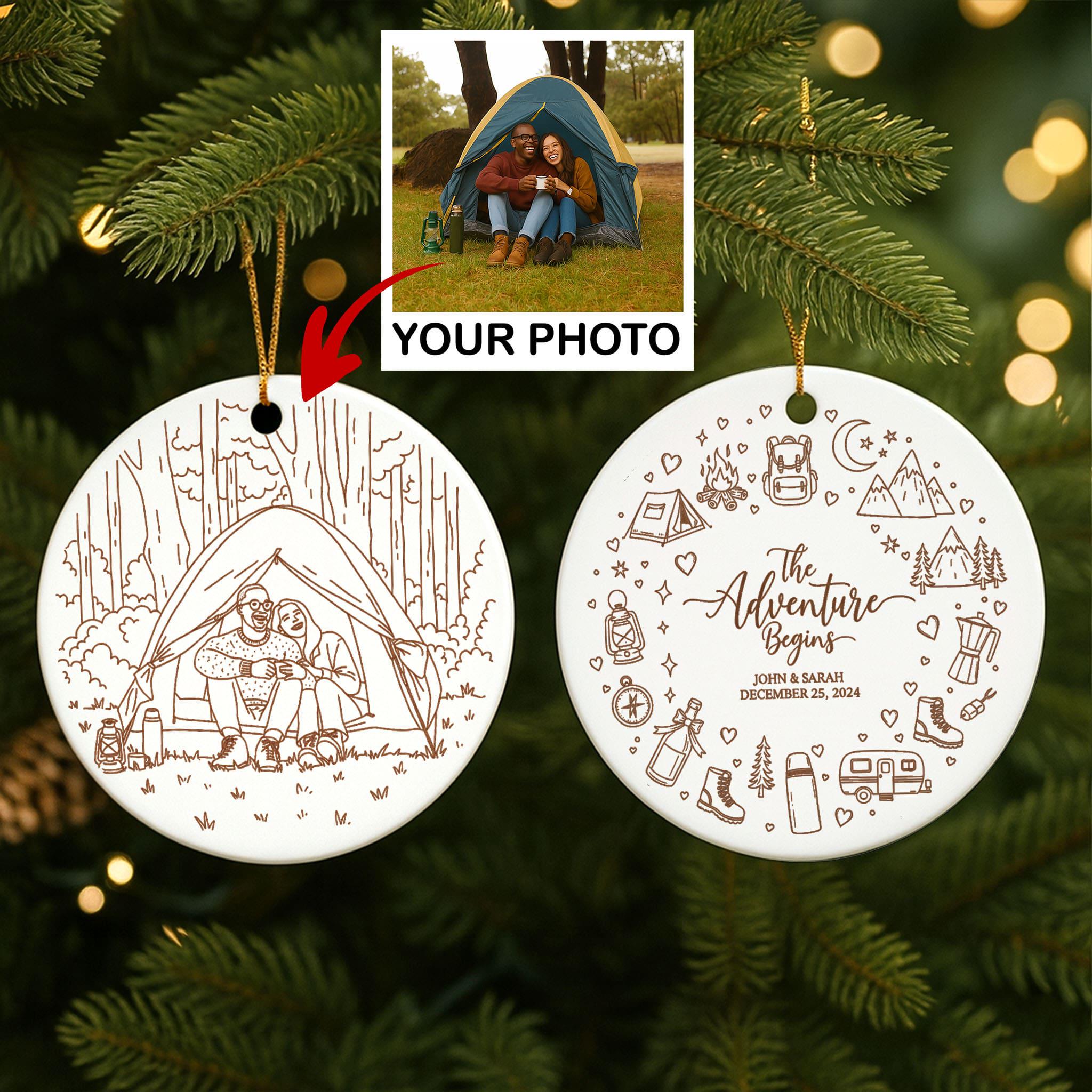Personalized Camping Photo Ornament: Adventure Begins Christmas Tree Decoration