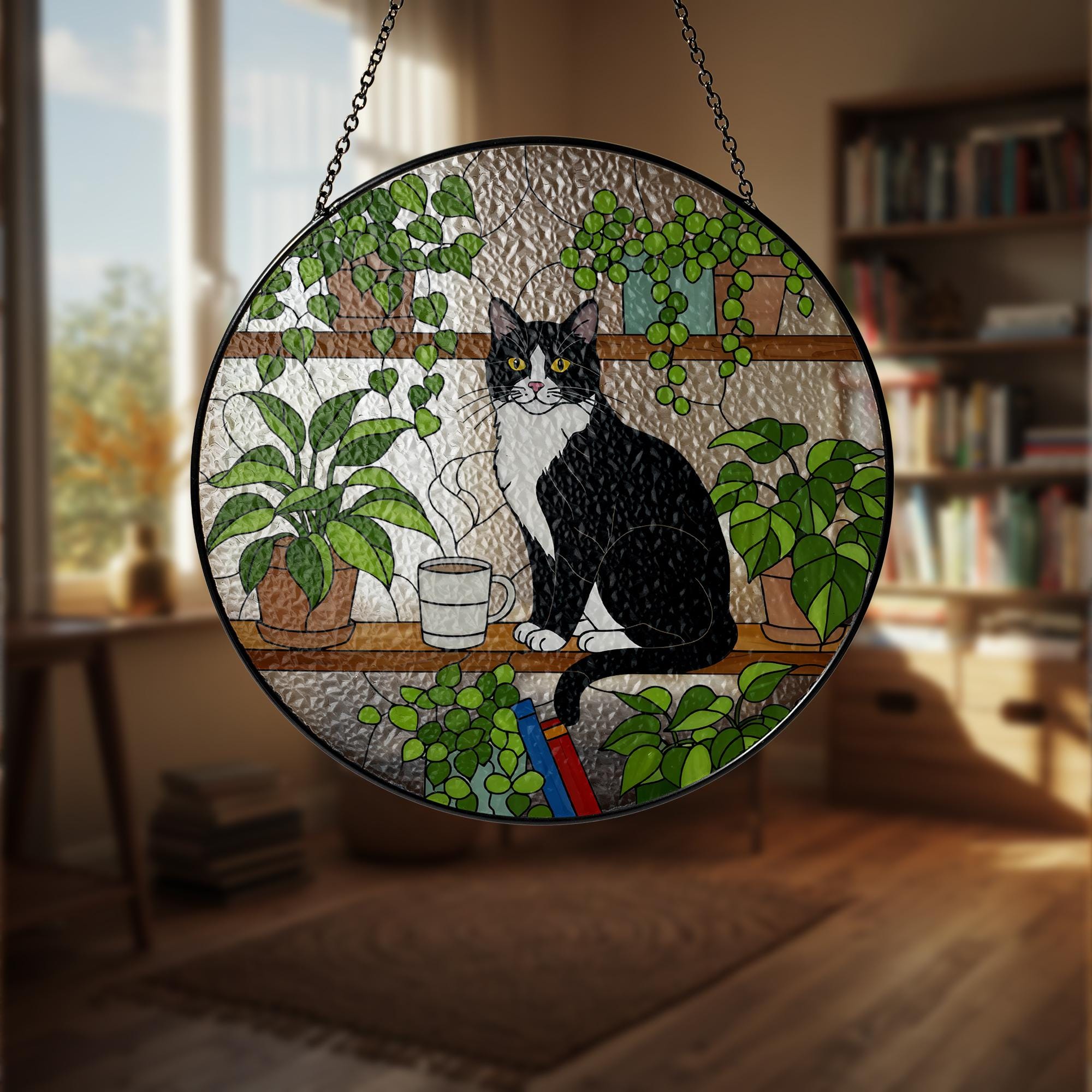 Tuxedo Cat Glass Suncatcher: Bookshelf Decor with Houseplants