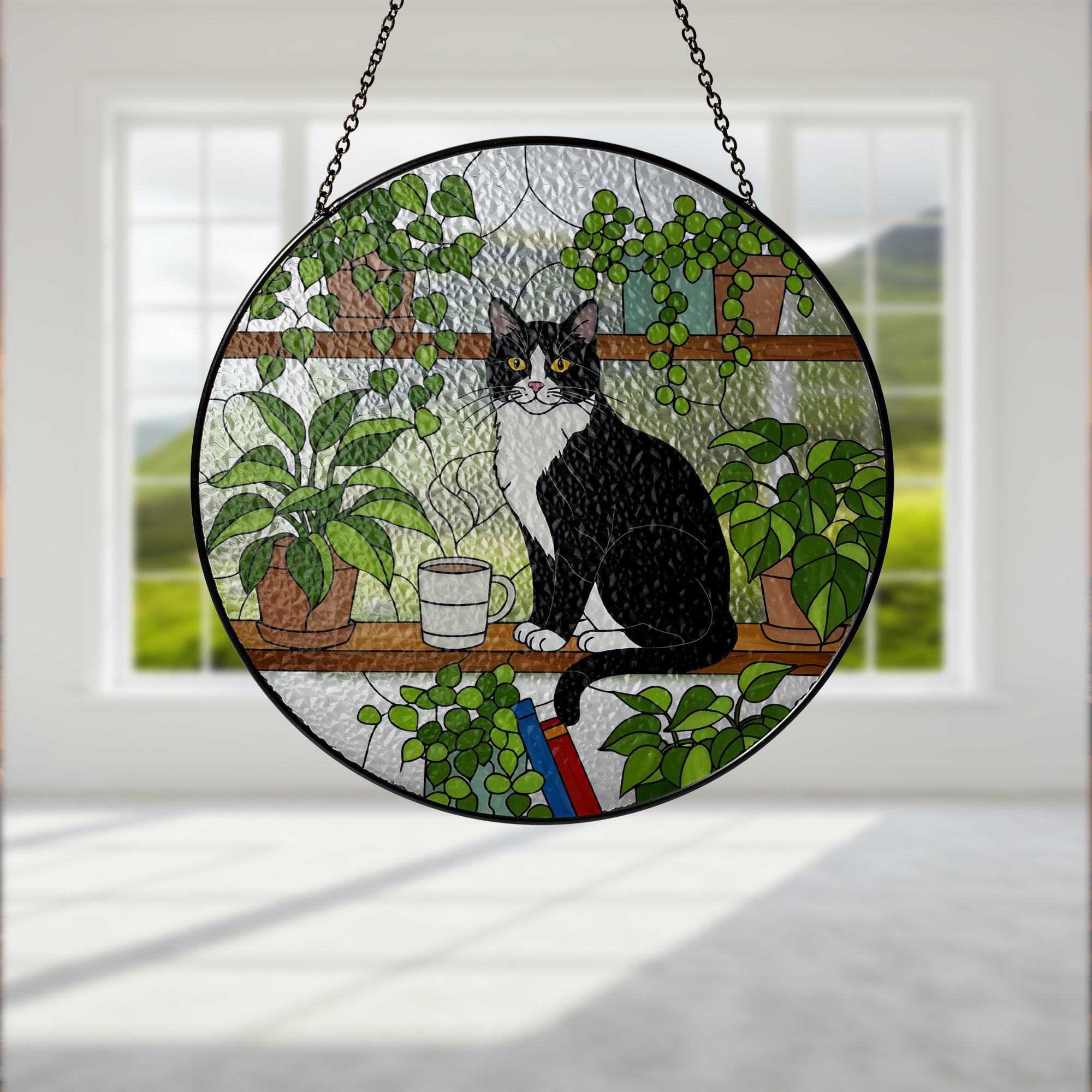 Tuxedo Cat Glass Suncatcher: Bookshelf Decor with Houseplants