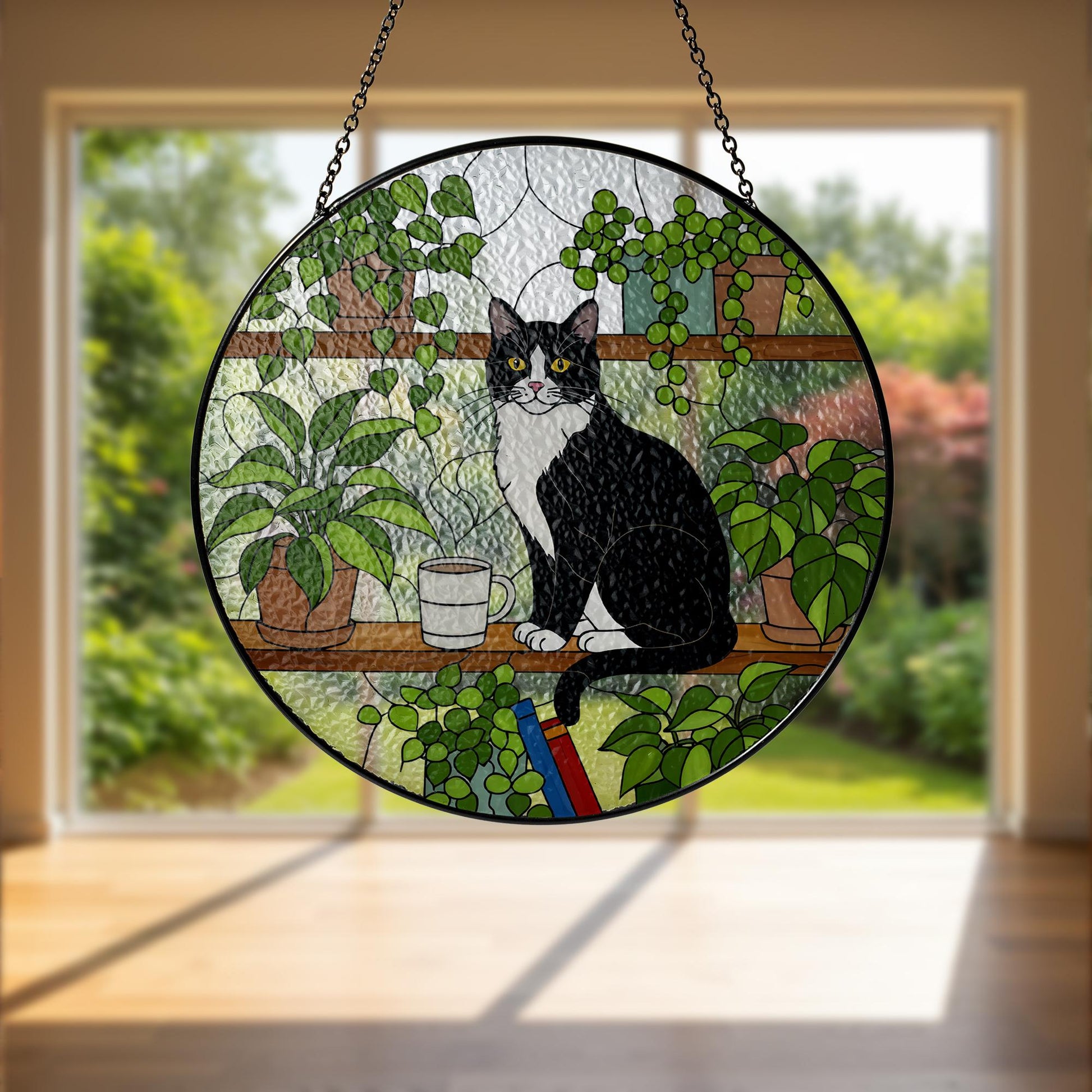 Tuxedo Cat Glass Suncatcher: Bookshelf Decor with Houseplants