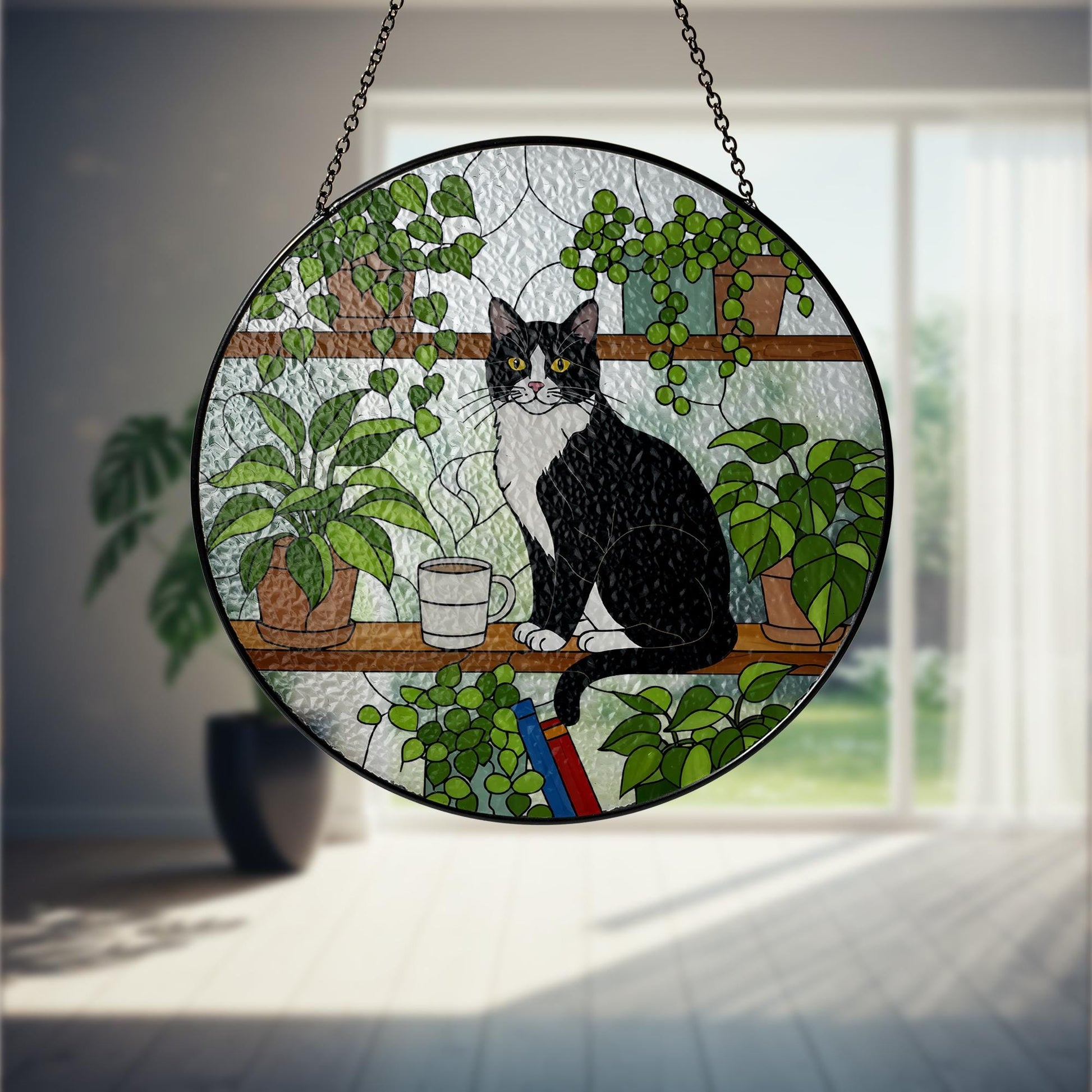 Tuxedo Cat Glass Suncatcher: Bookshelf Decor with Houseplants