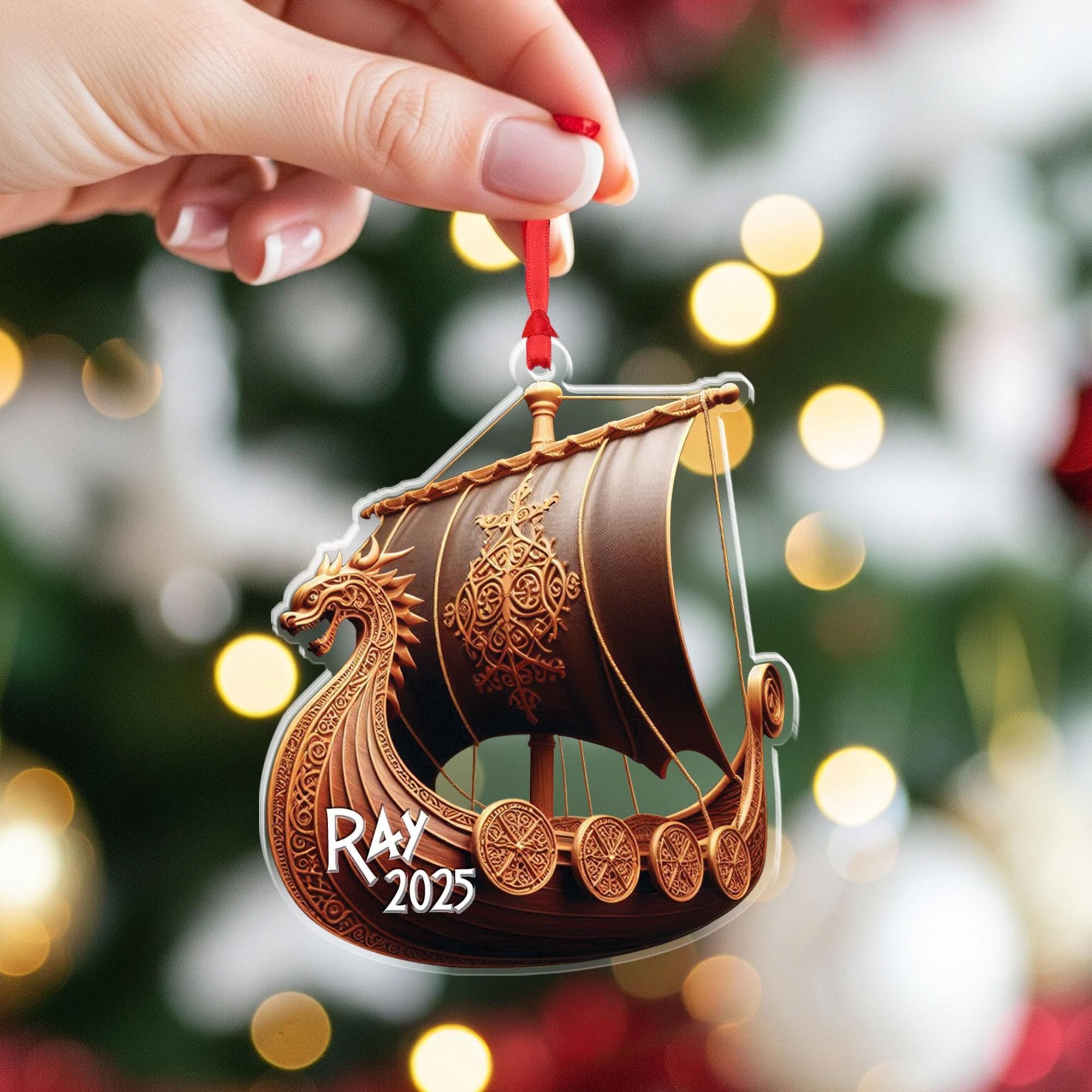 Personalized Viking Ship Ornament: Norse Dragon Boat Decor