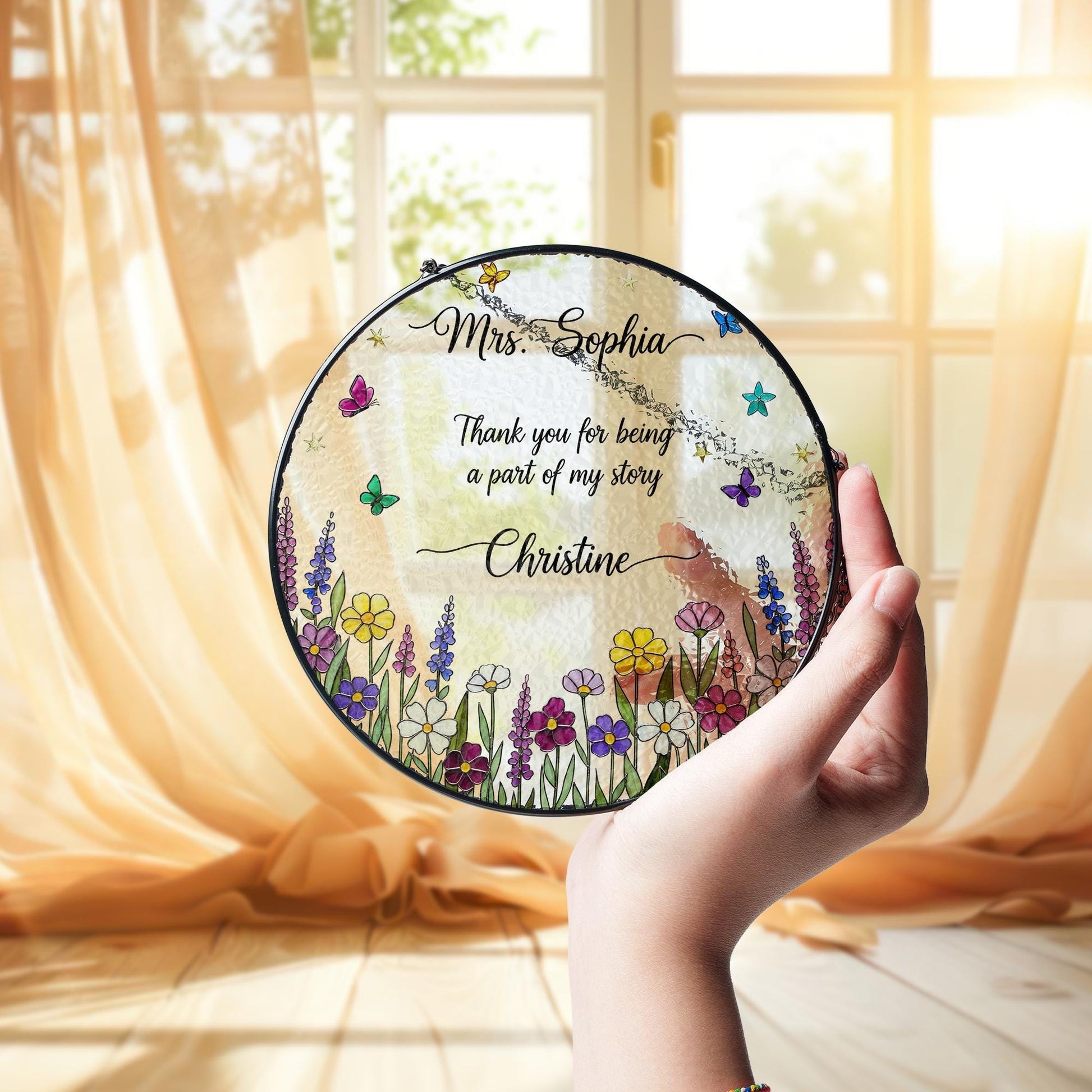 Personalized glass suncatcher, teacher appreciation gift, custom floral window hanging, thank you gift for mentor, glass decor