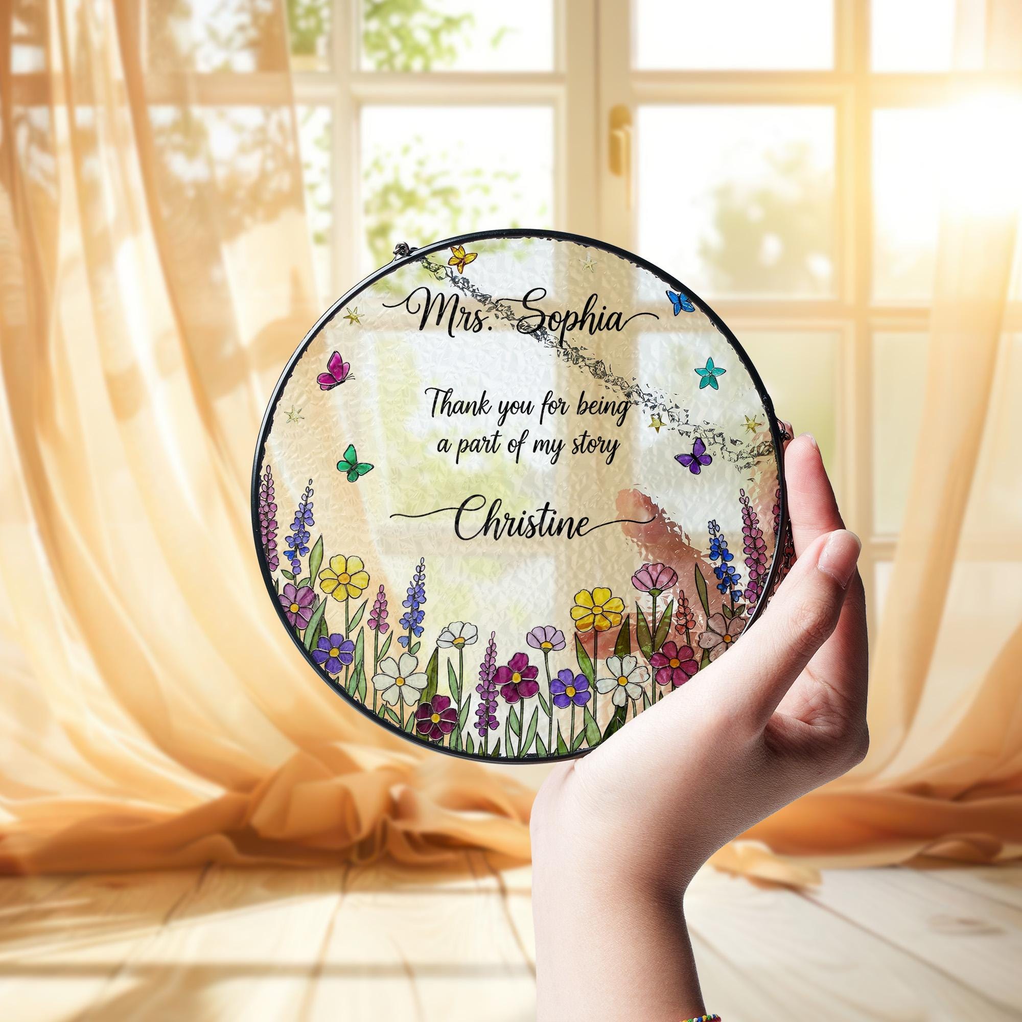 Personalized glass suncatcher, teacher appreciation gift, custom floral window hanging, thank you gift for mentor, glass decor