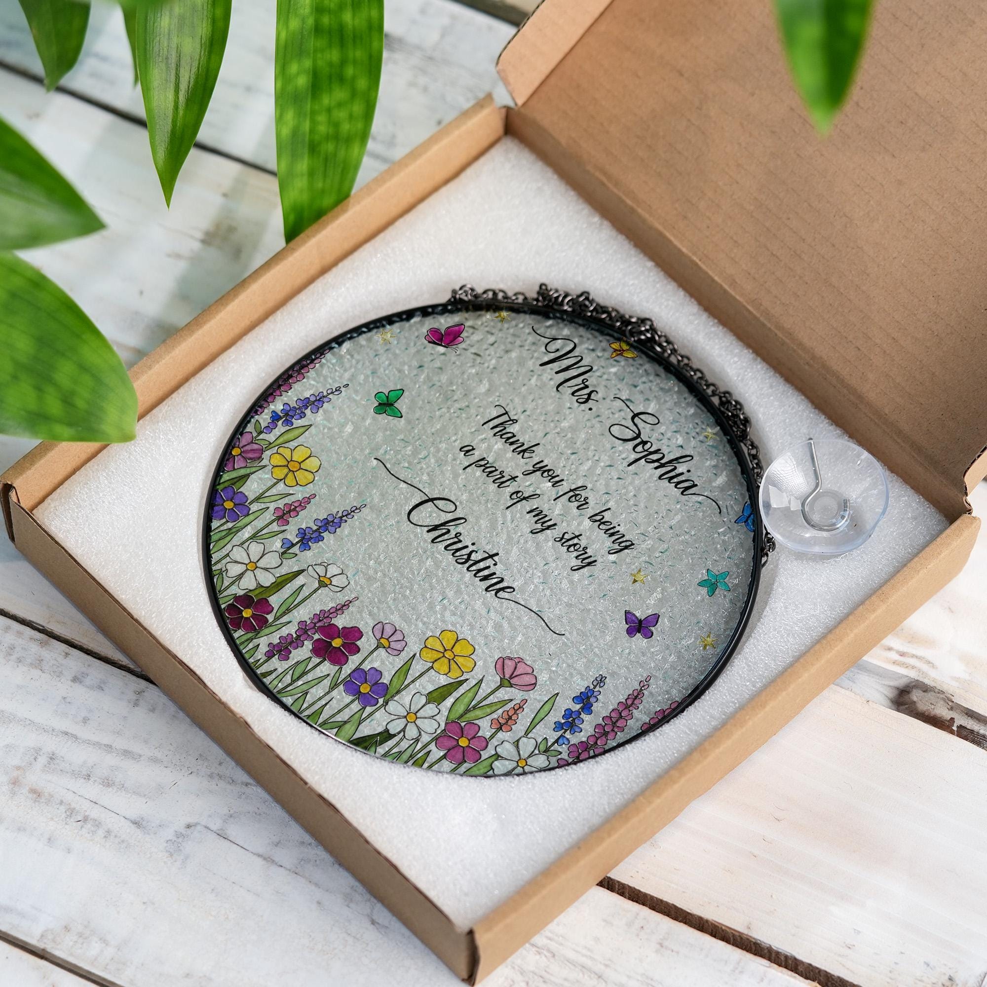 Personalized glass suncatcher, teacher appreciation gift, custom floral window hanging, thank you gift for mentor, glass decor