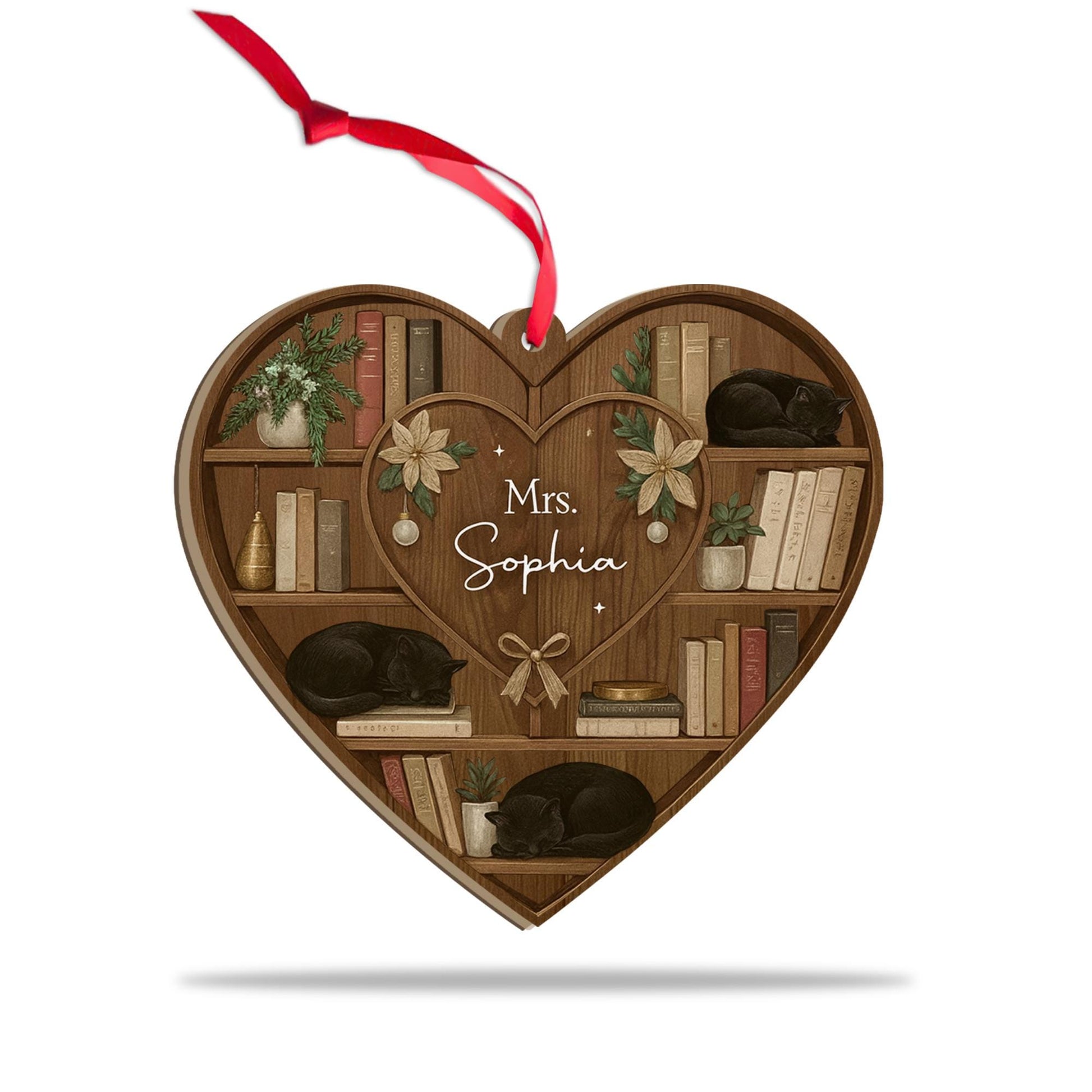Heart Bookshelf Cat Ornament: Personalized Book Lover Decor