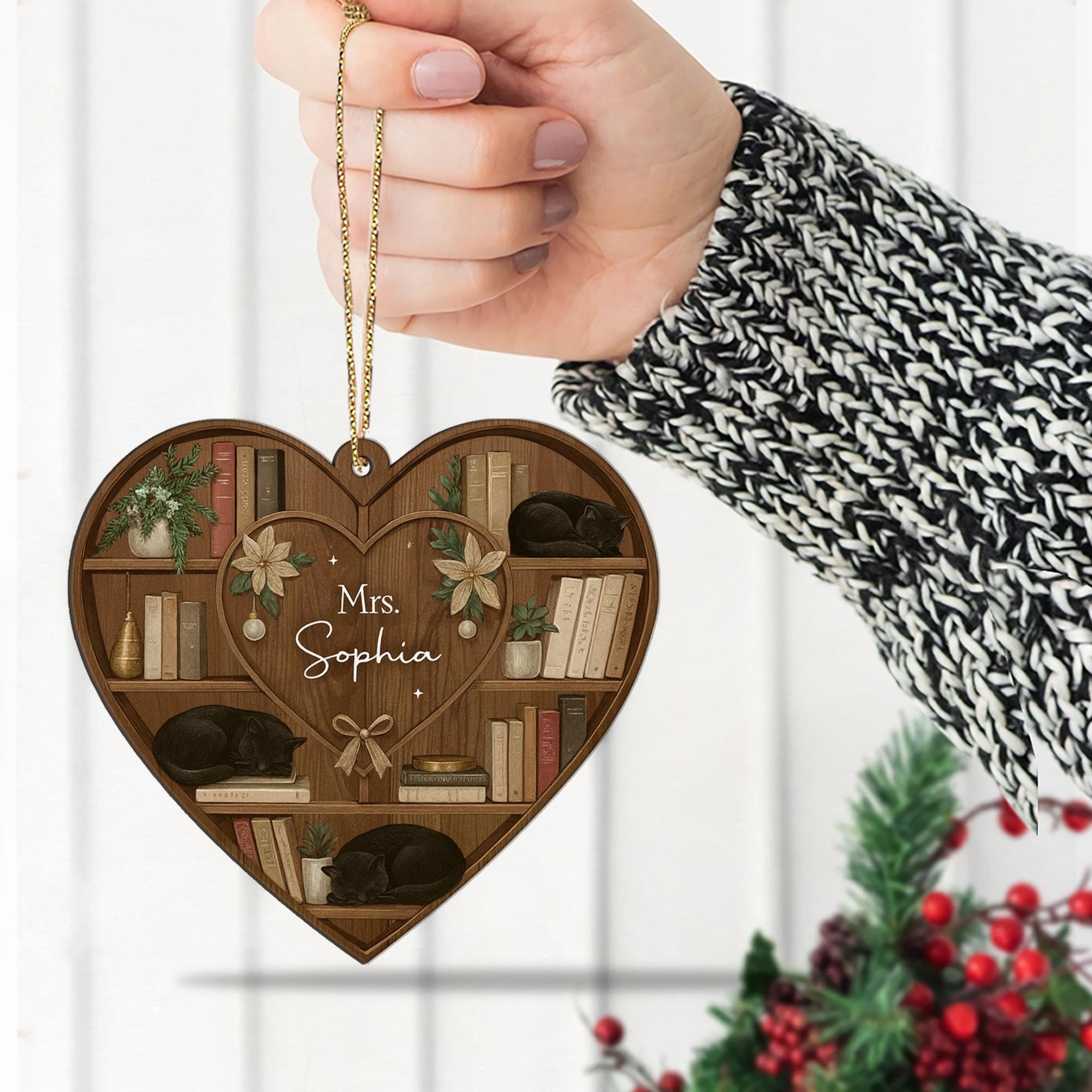 Heart Bookshelf Cat Ornament: Personalized Book Lover Decor