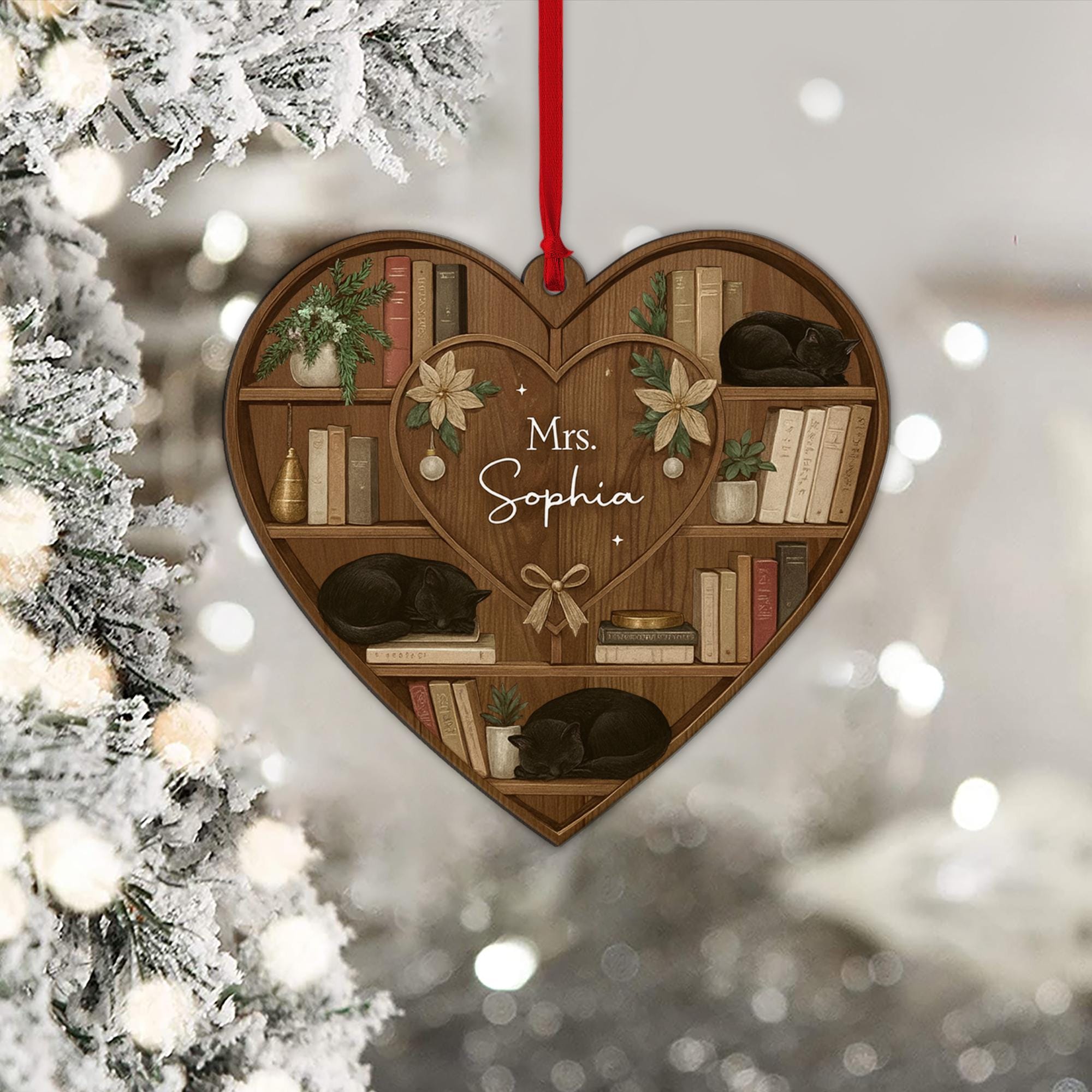 Heart Bookshelf Cat Ornament: Personalized Book Lover Decor