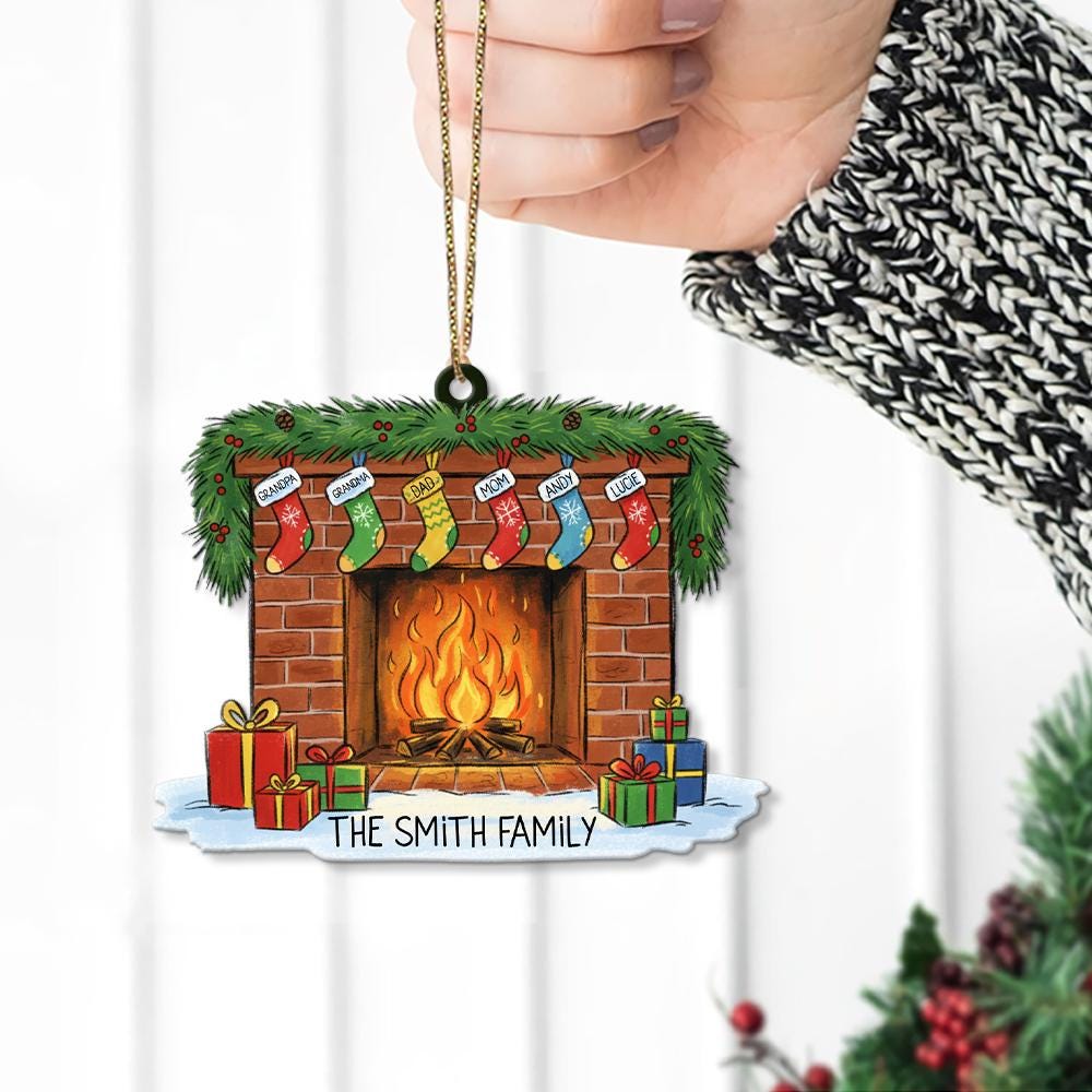 Personalized Family Fireplace Christmas Ornament: Custom Stocking Names