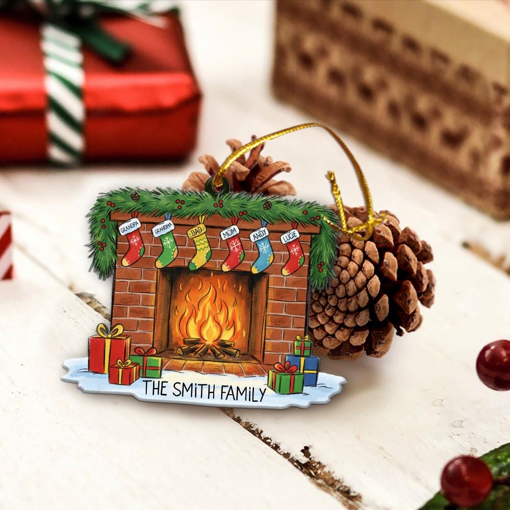 Personalized Family Fireplace Christmas Ornament: Custom Stocking Names