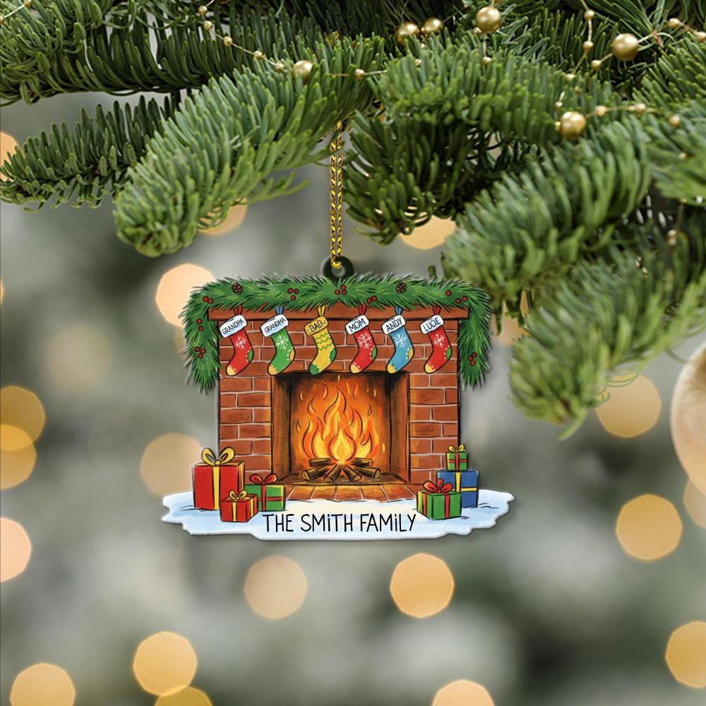 Personalized Family Fireplace Christmas Ornament: Custom Stocking Names