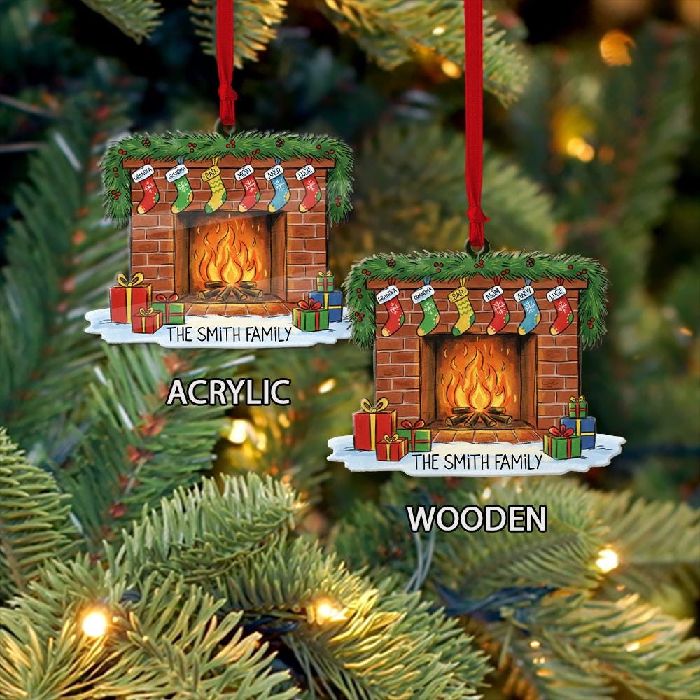 Personalized Family Fireplace Christmas Ornament: Custom Stocking Names