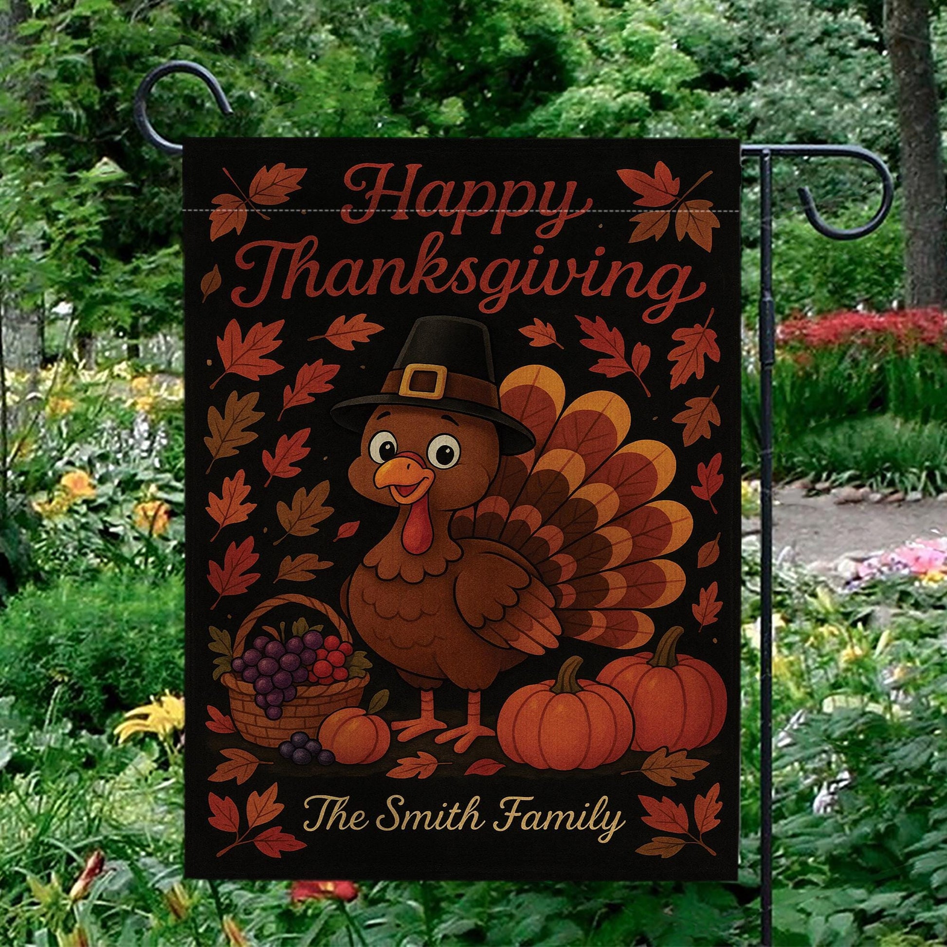 Happy Thanksgiving Garden Flag: Personalized Fall Yard Decor with Turkey Pumpkins