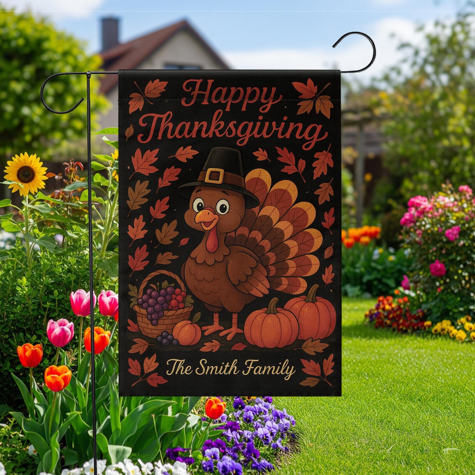 Happy Thanksgiving Garden Flag: Personalized Fall Yard Decor with Turkey Pumpkins