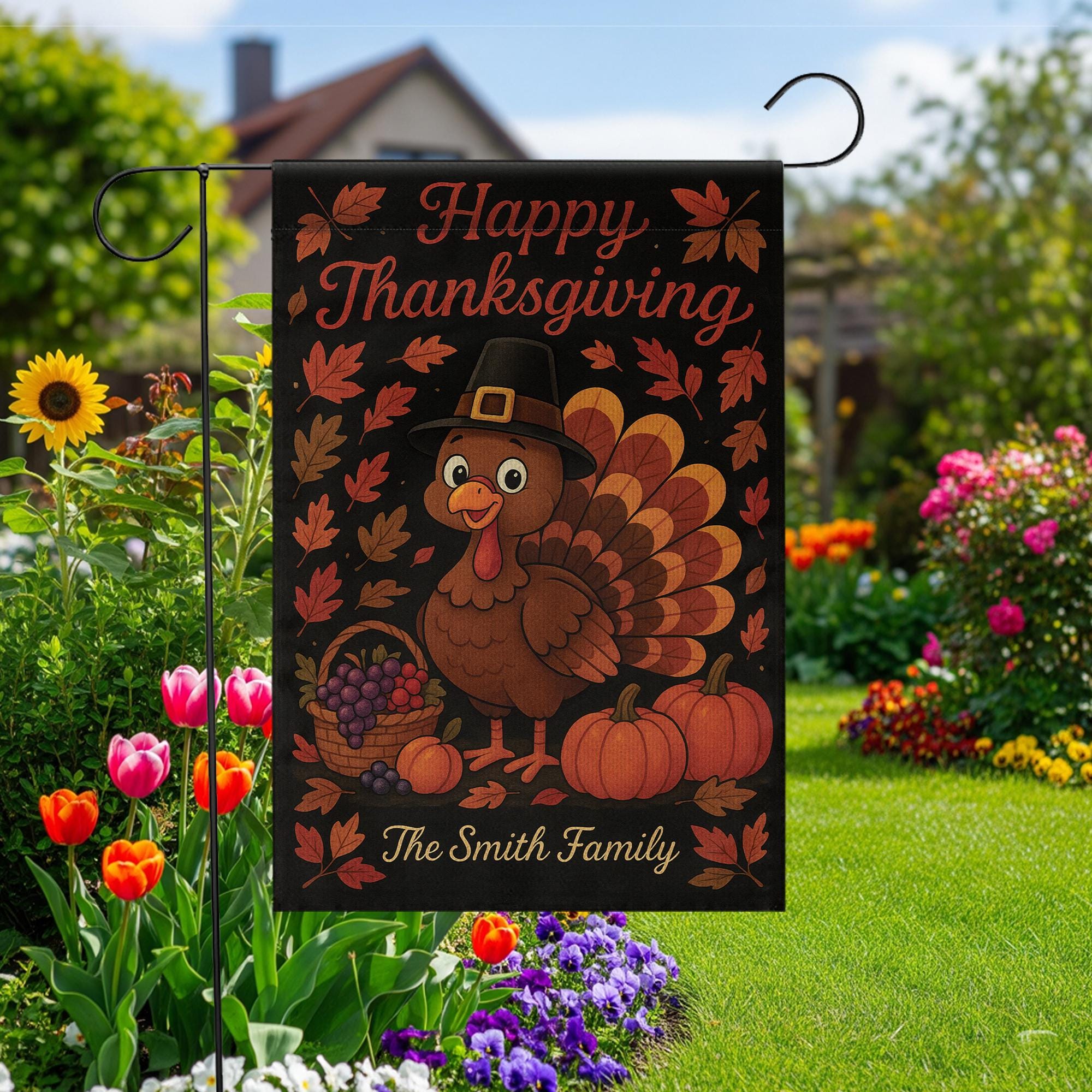 Happy Thanksgiving Garden Flag: Personalized Fall Yard Decor with Turkey Pumpkins