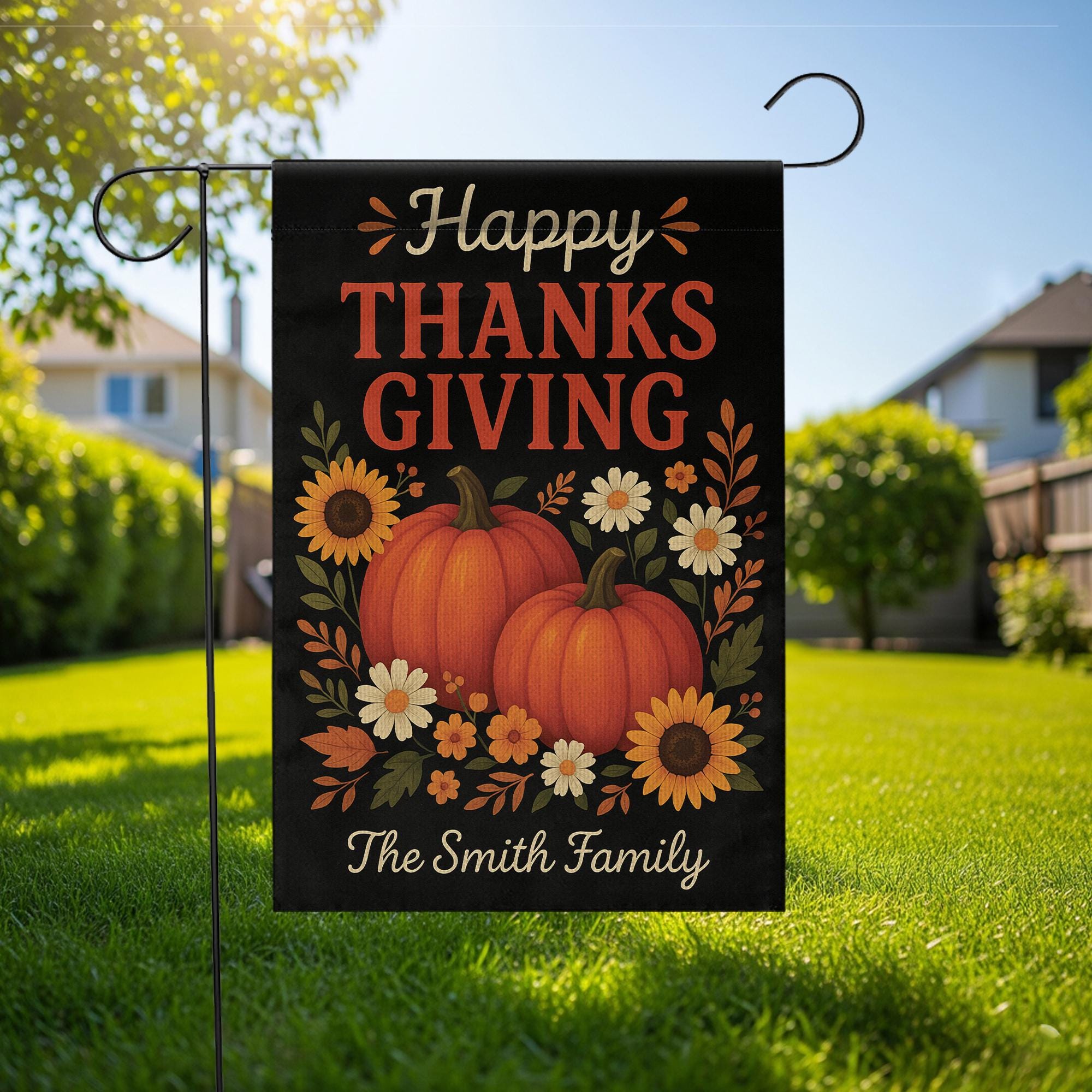 Happy Thanksgiving Garden Flag: Personalized Pumpkin Yard Decor with Sunflowers