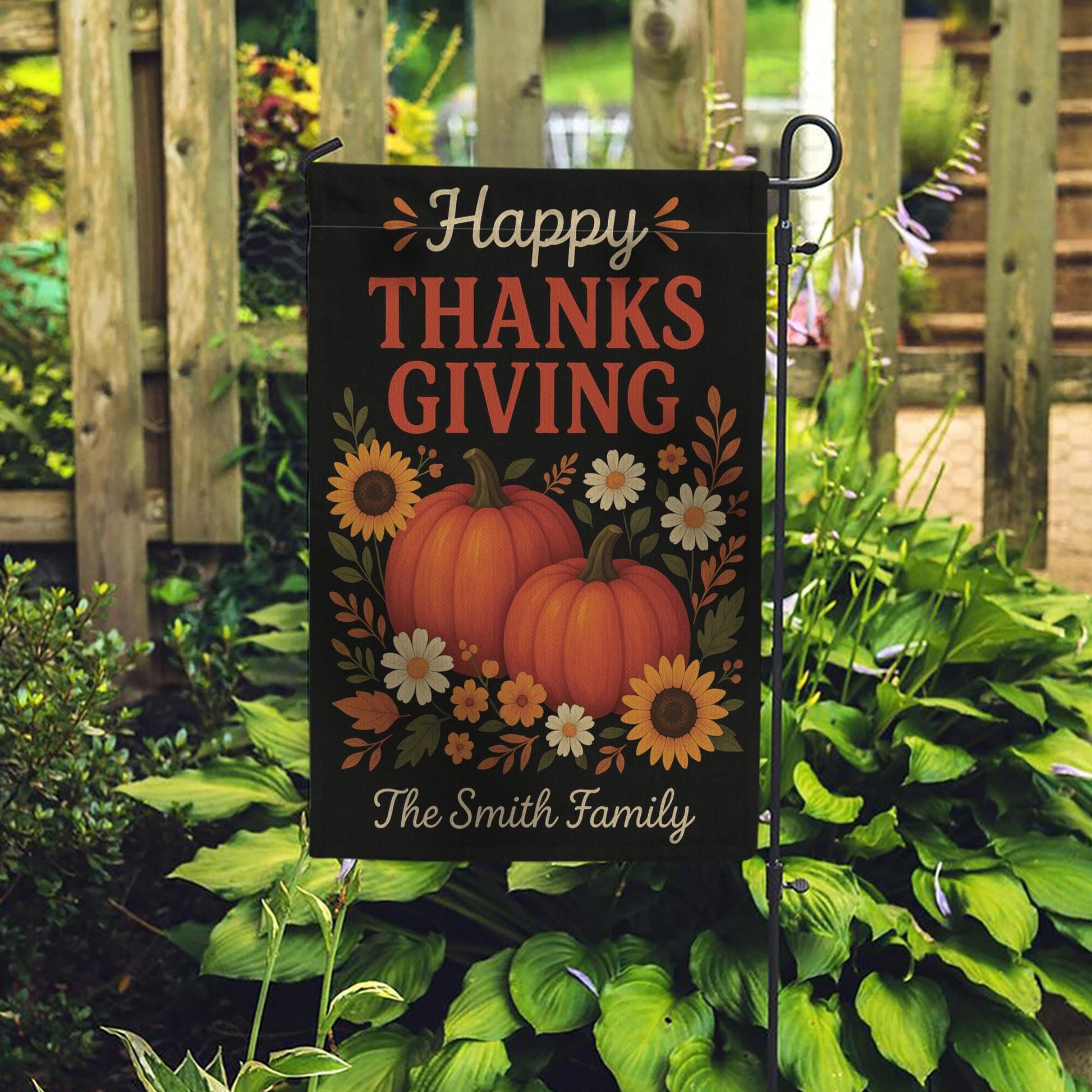 Happy Thanksgiving Garden Flag: Personalized Pumpkin Yard Decor with Sunflowers