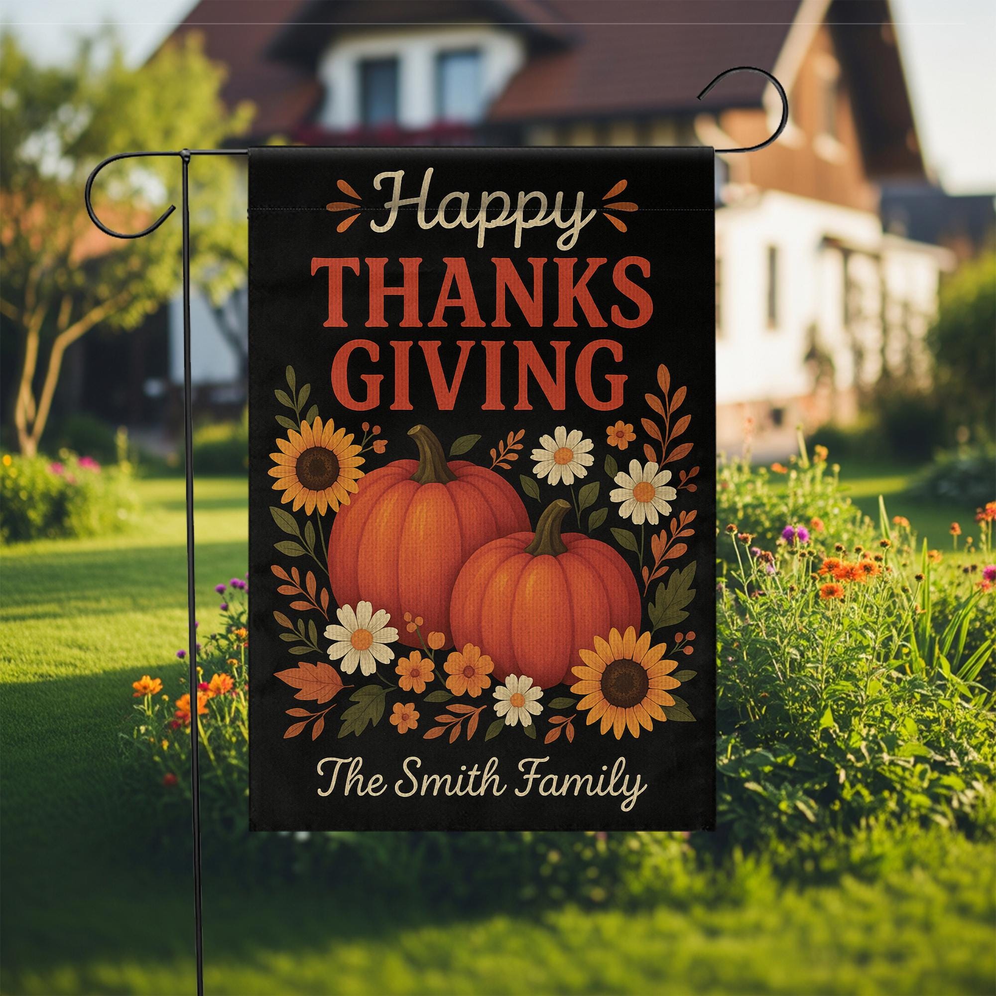 Happy Thanksgiving Garden Flag: Personalized Pumpkin Yard Decor with Sunflowers